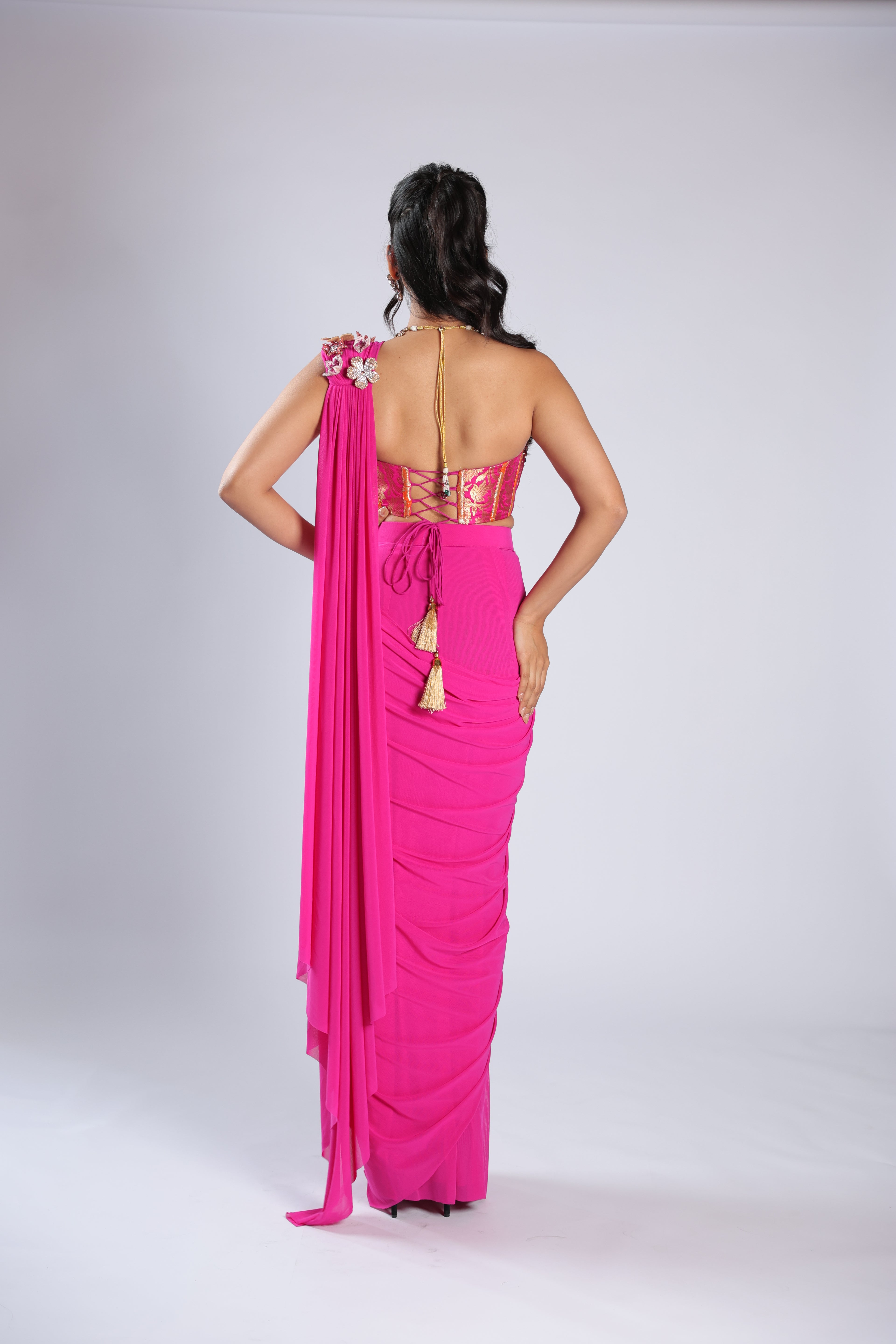 Pink Drape Saree in Lycra with Sequins & Stone Work