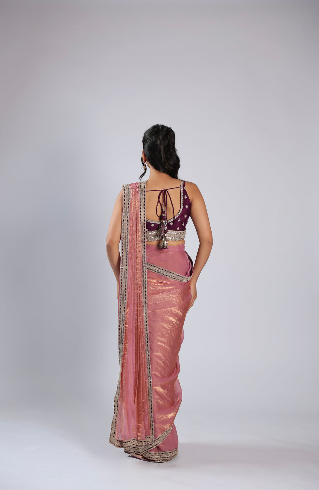 Pink Drape Saree in Tissue with Zari &  Mirror Work