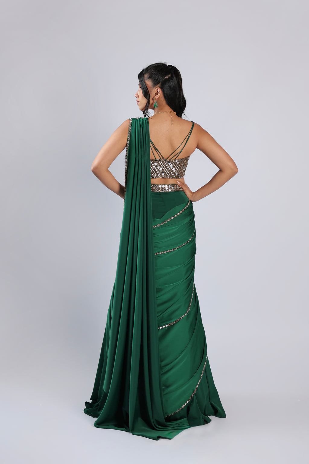 Green Drape Saree in Satin with Mirror & Ari Work