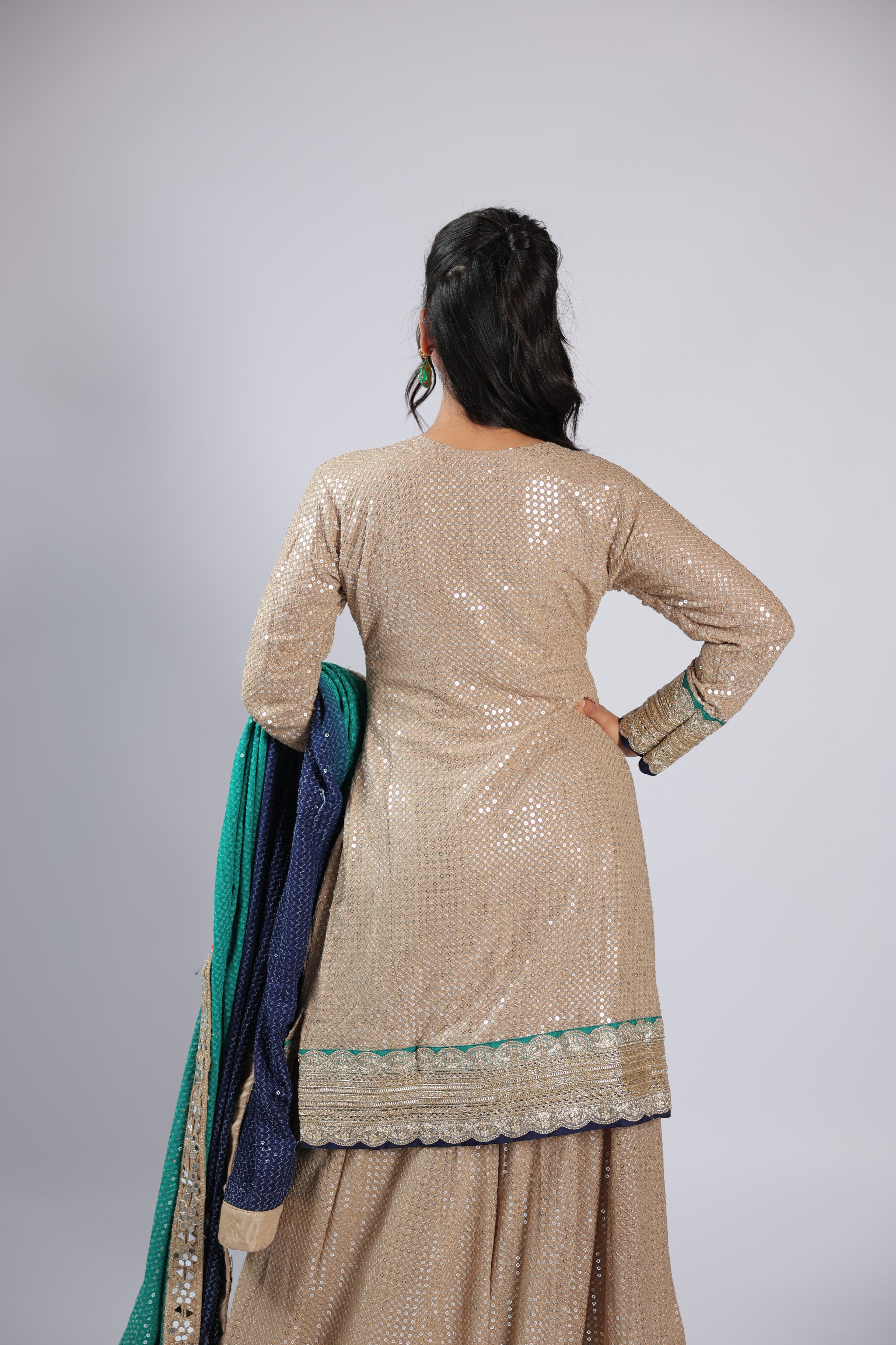 Golden Rm Suit in Georgette with All Over Sequins &  Beats Work