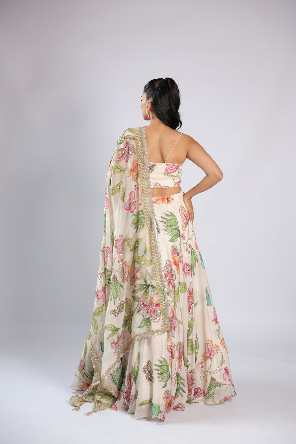 Ivory Lehenga Choli in Soft Organza with Zari & Sequins Work