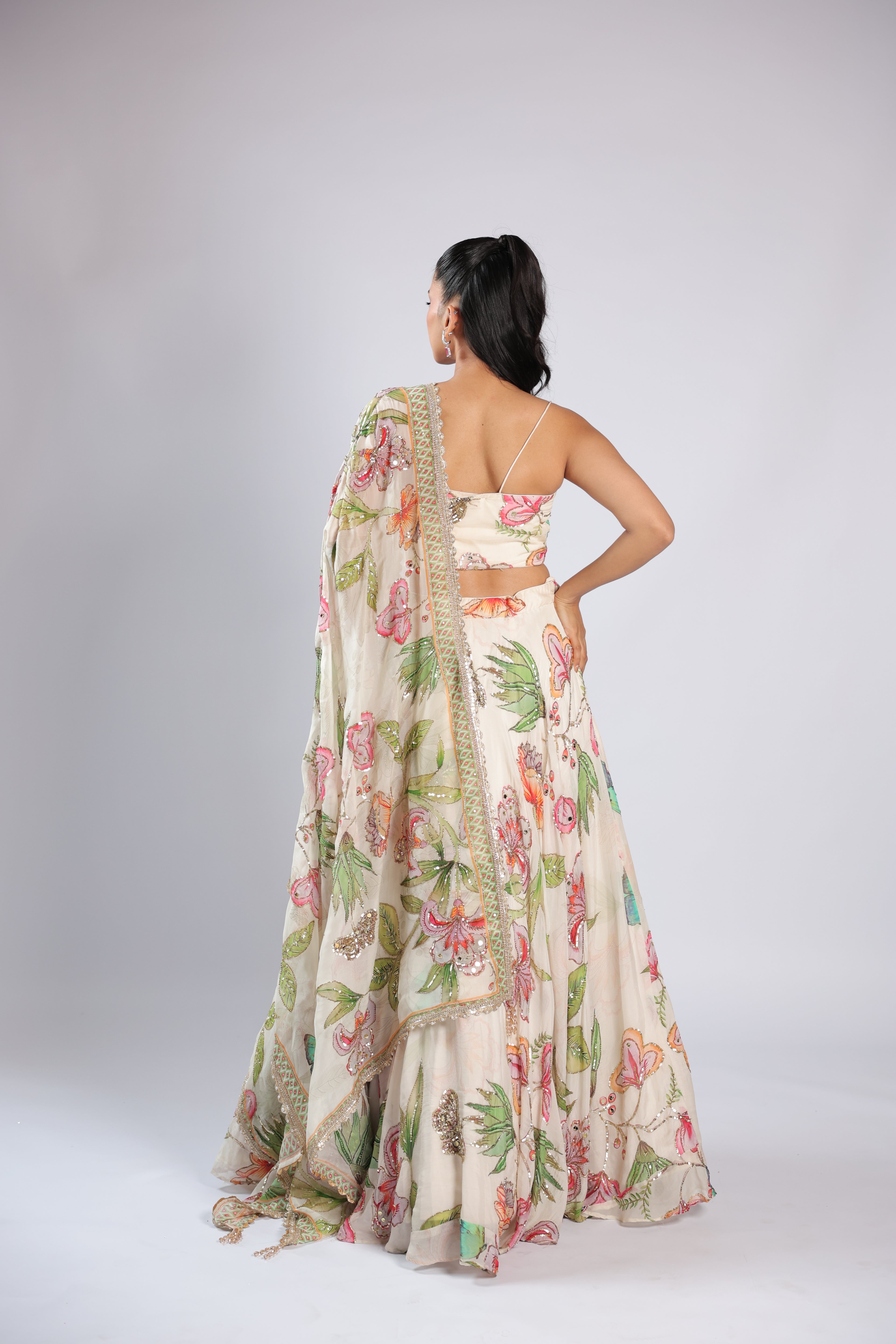 Ivory Lehenga Choli in Soft Organza with Zari & Sequins Work