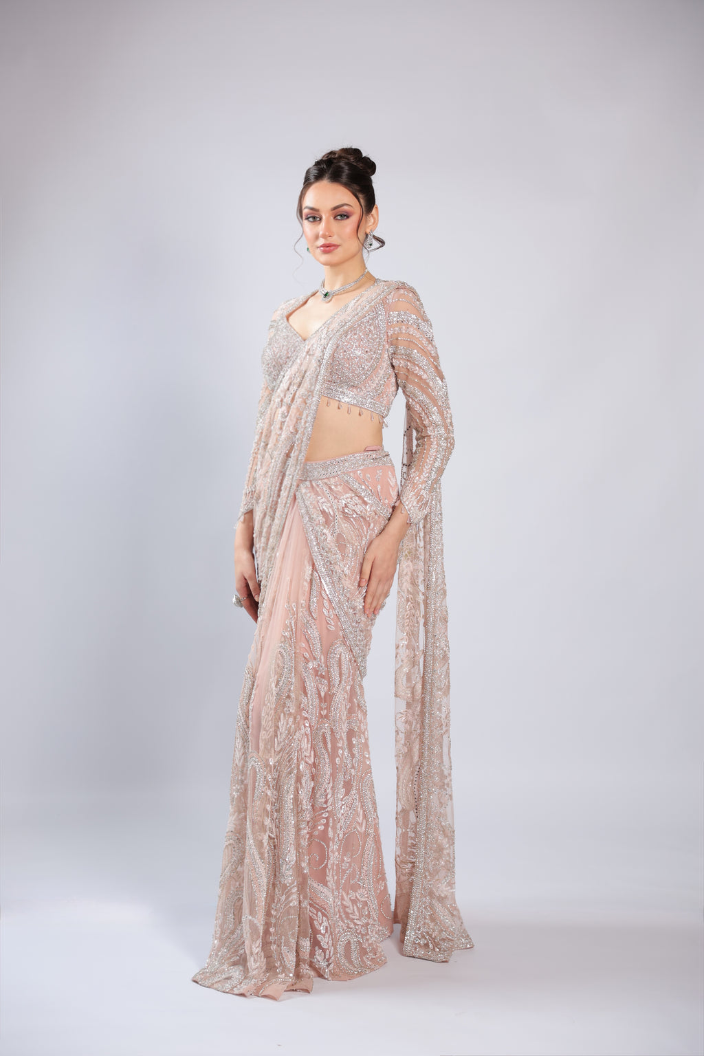 Pink Net Drape Saree