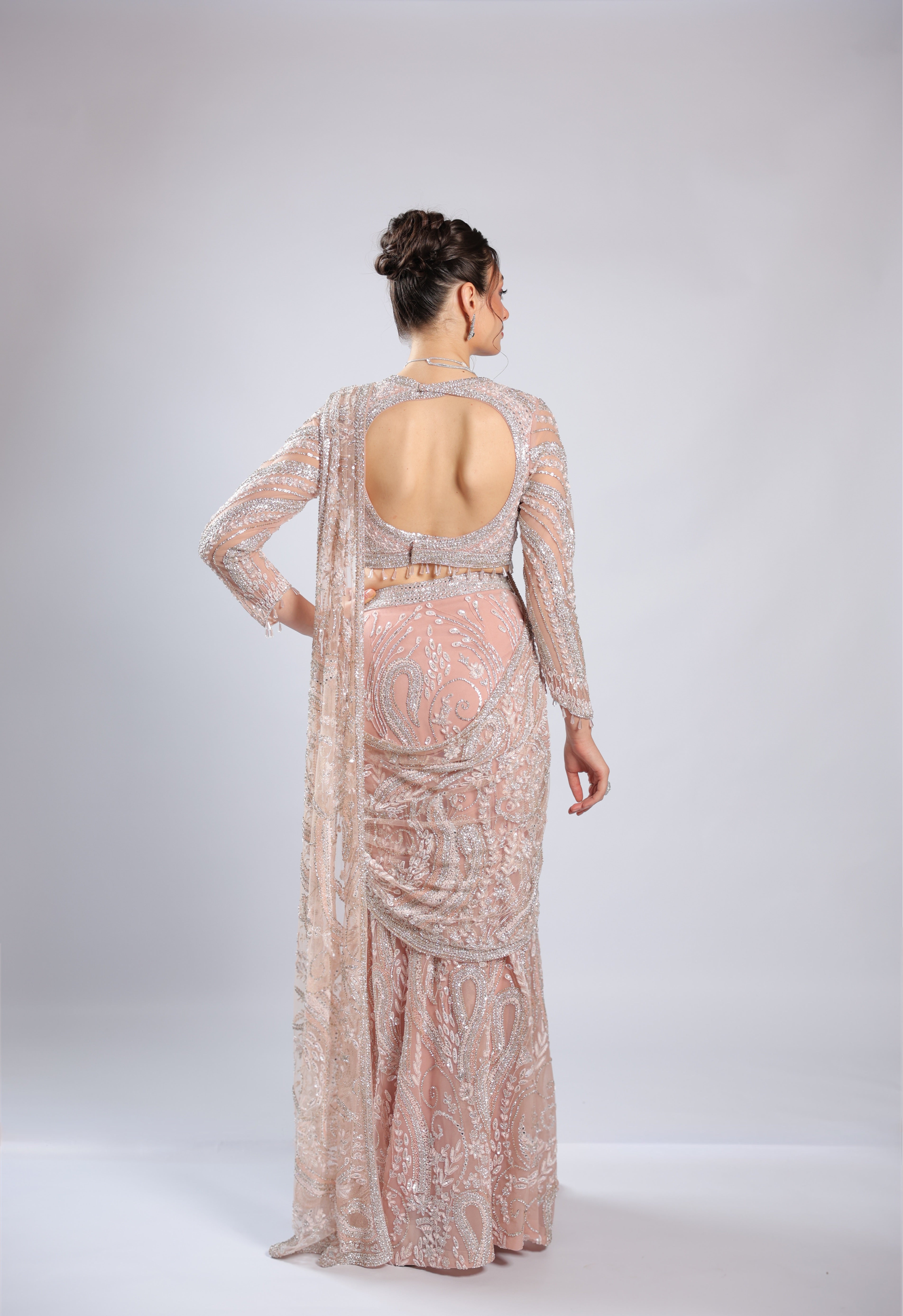 Pink Net Drape Saree