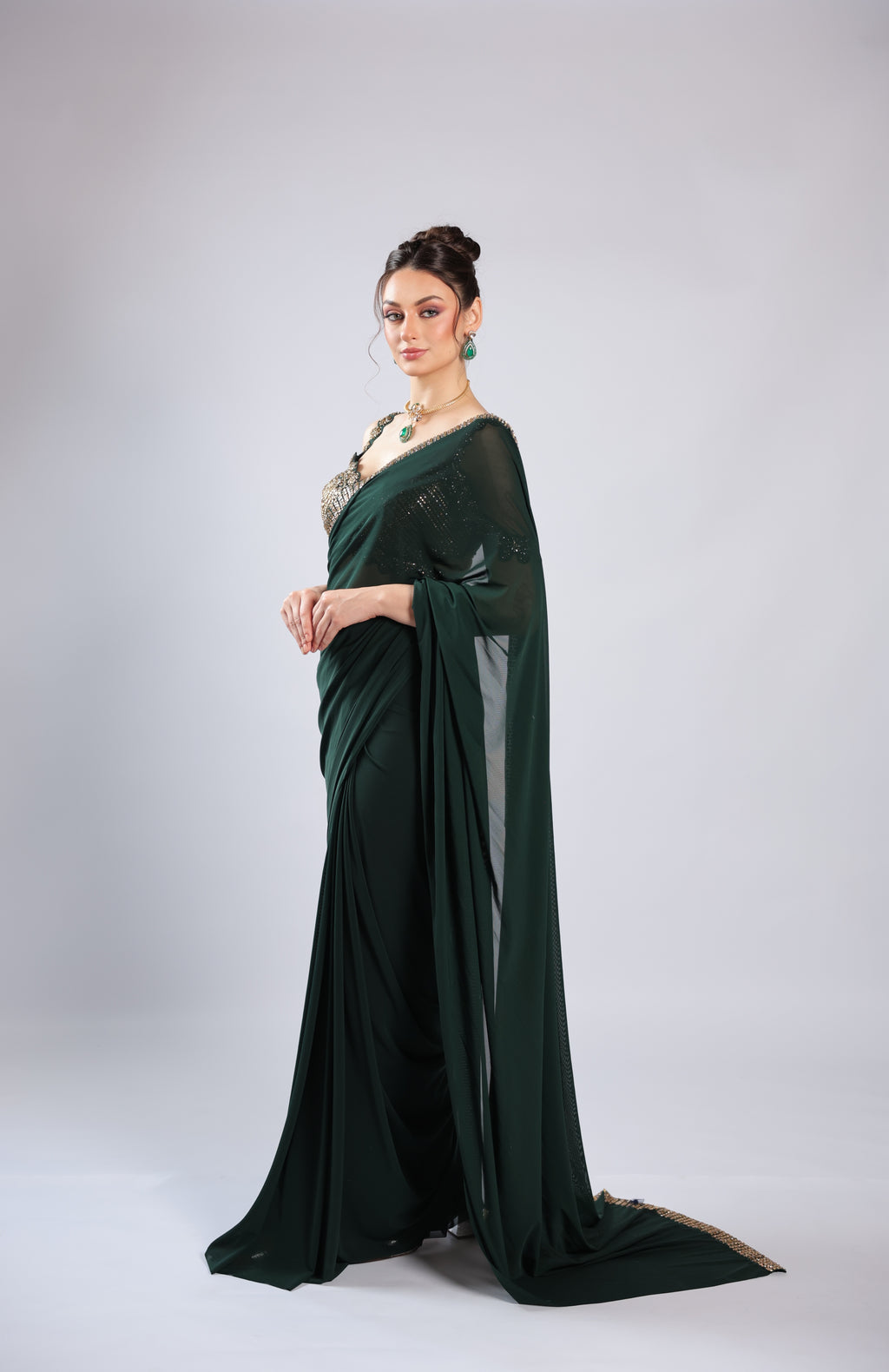 Emerald Green Lycra Drape Saree