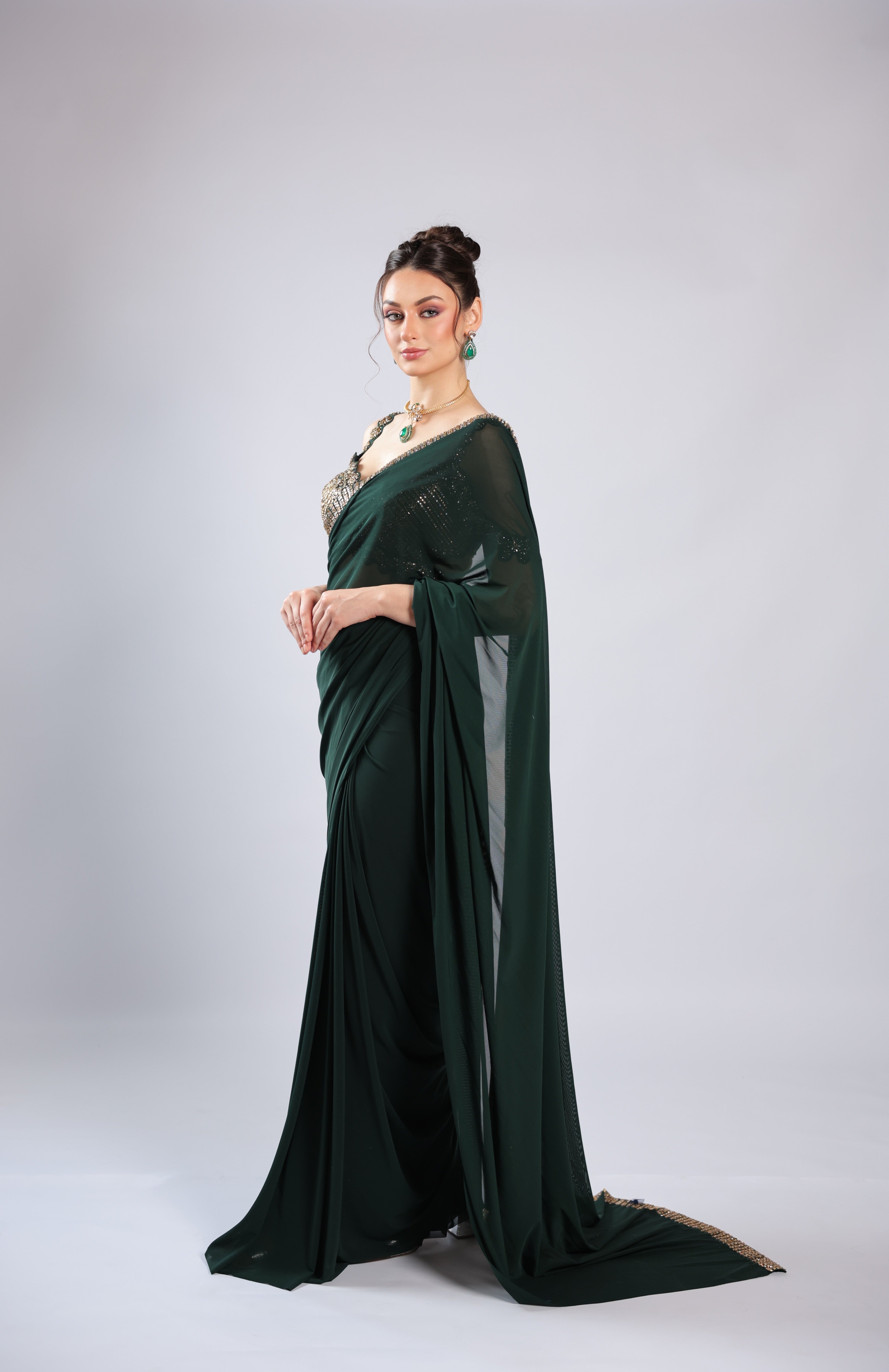Emerald Green Lycra Drape Saree