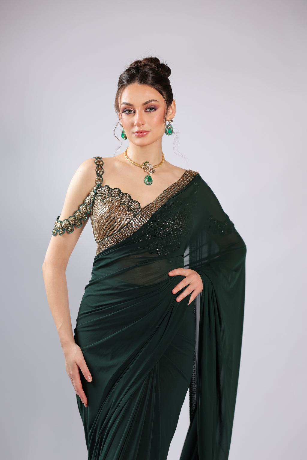 Emerald Green Lycra Drape Saree