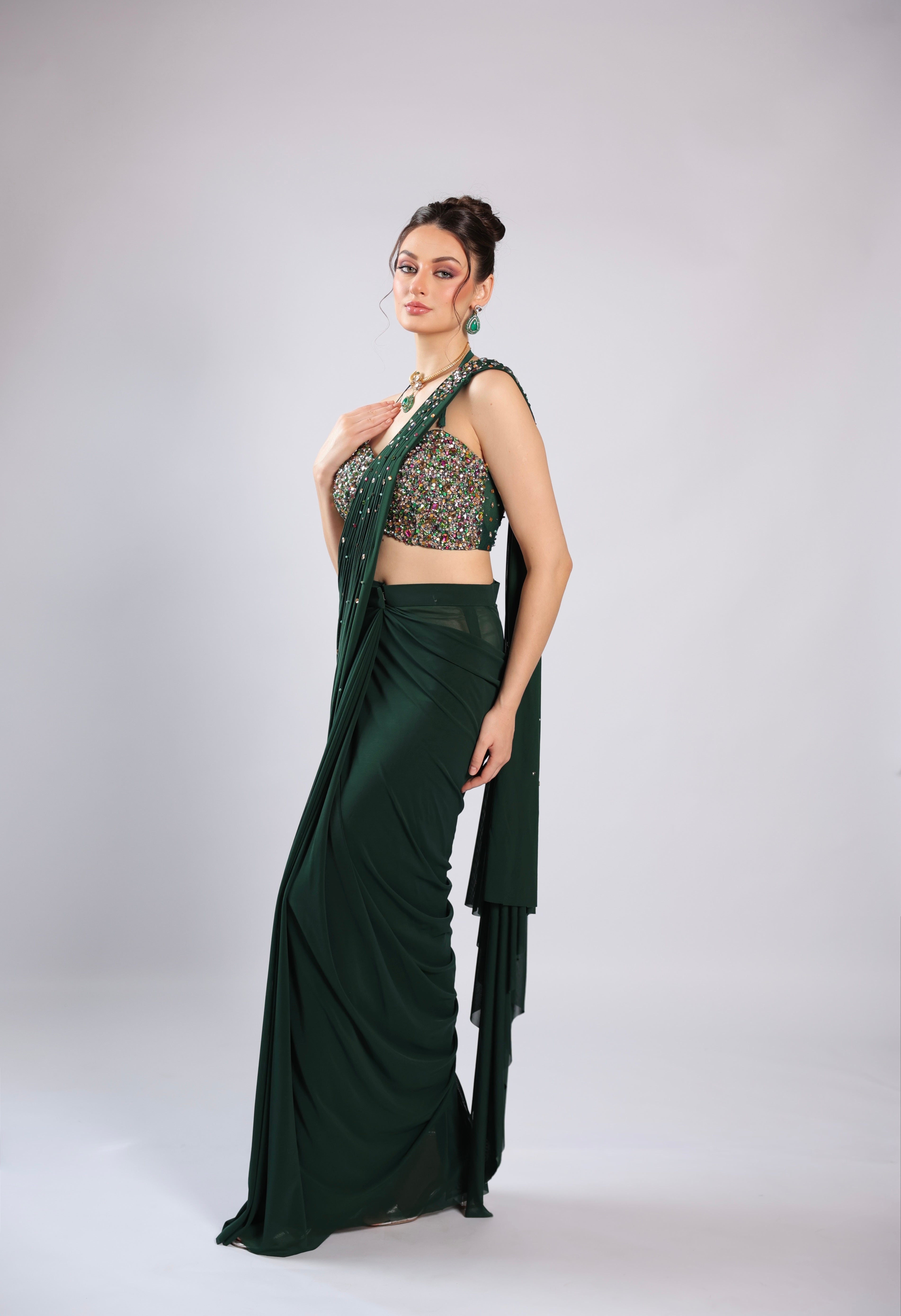 Bottle Green Lycra Drape Saree