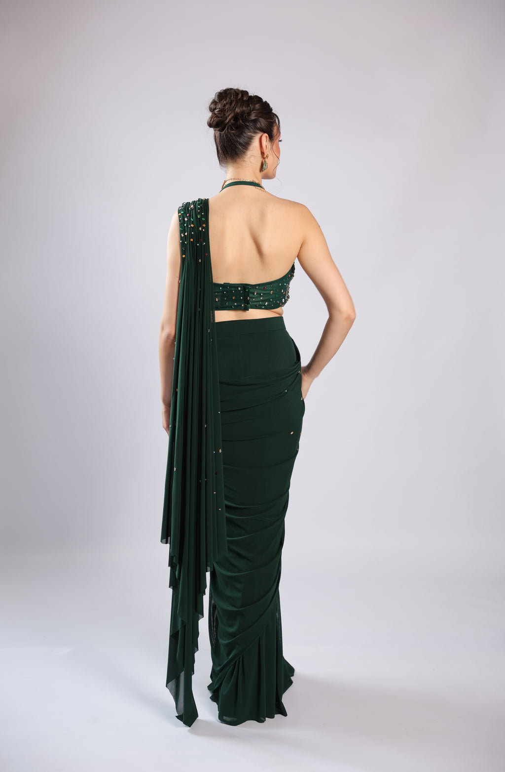 Bottle Green Lycra Drape Saree