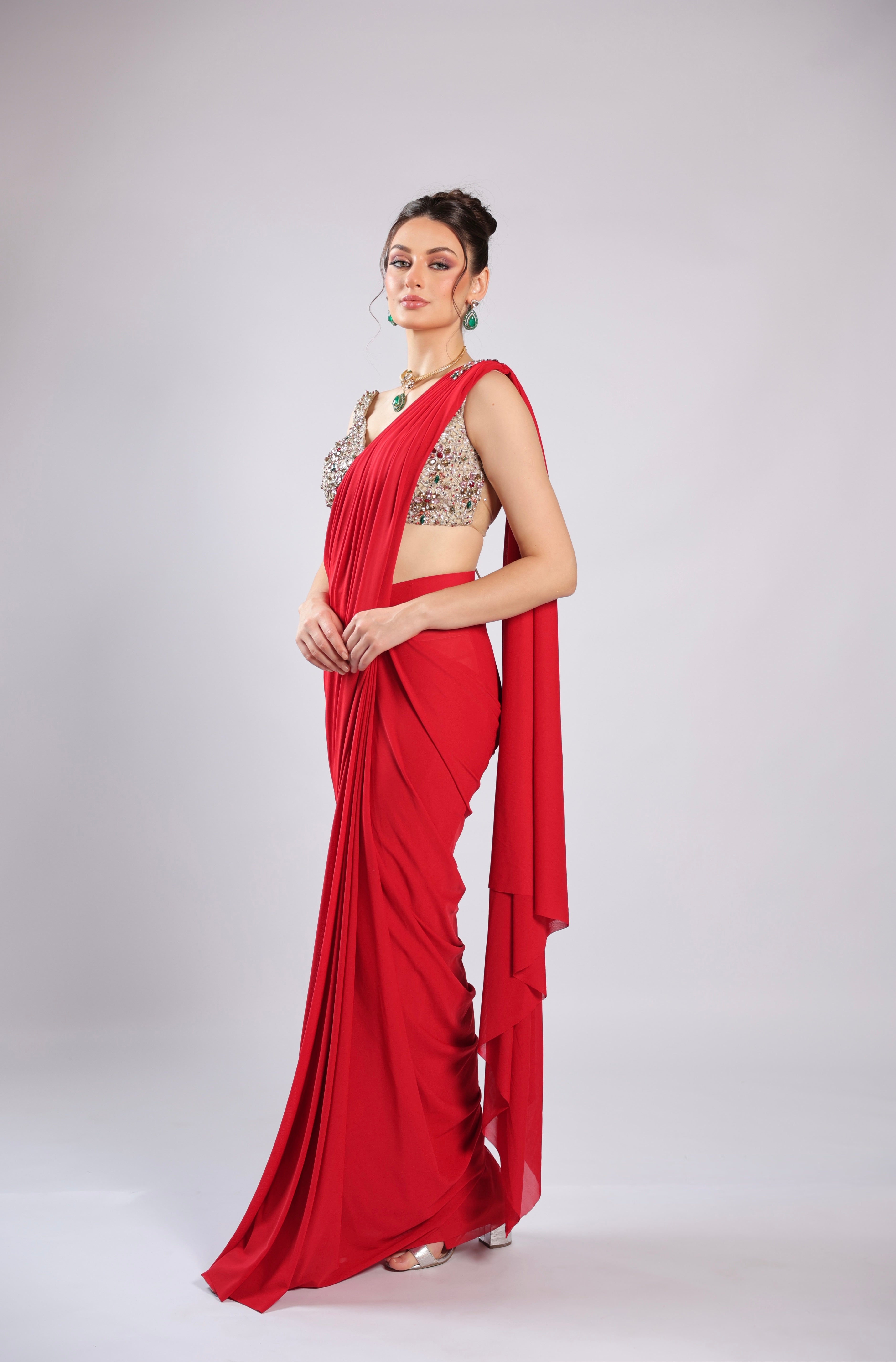 Red Lycra Drape Saree