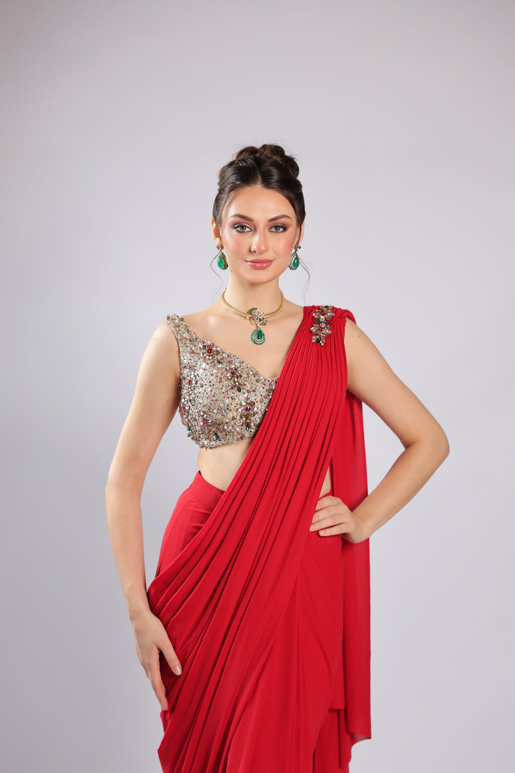 Red Lycra Drape Saree