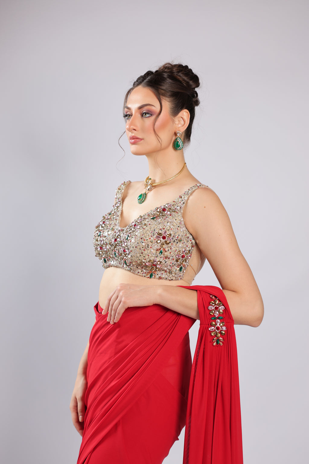 Red Lycra Drape Saree