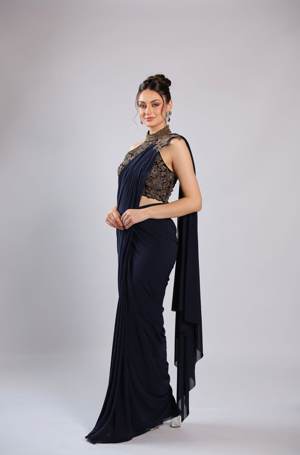 Navy Blue Lycra Drape Saree