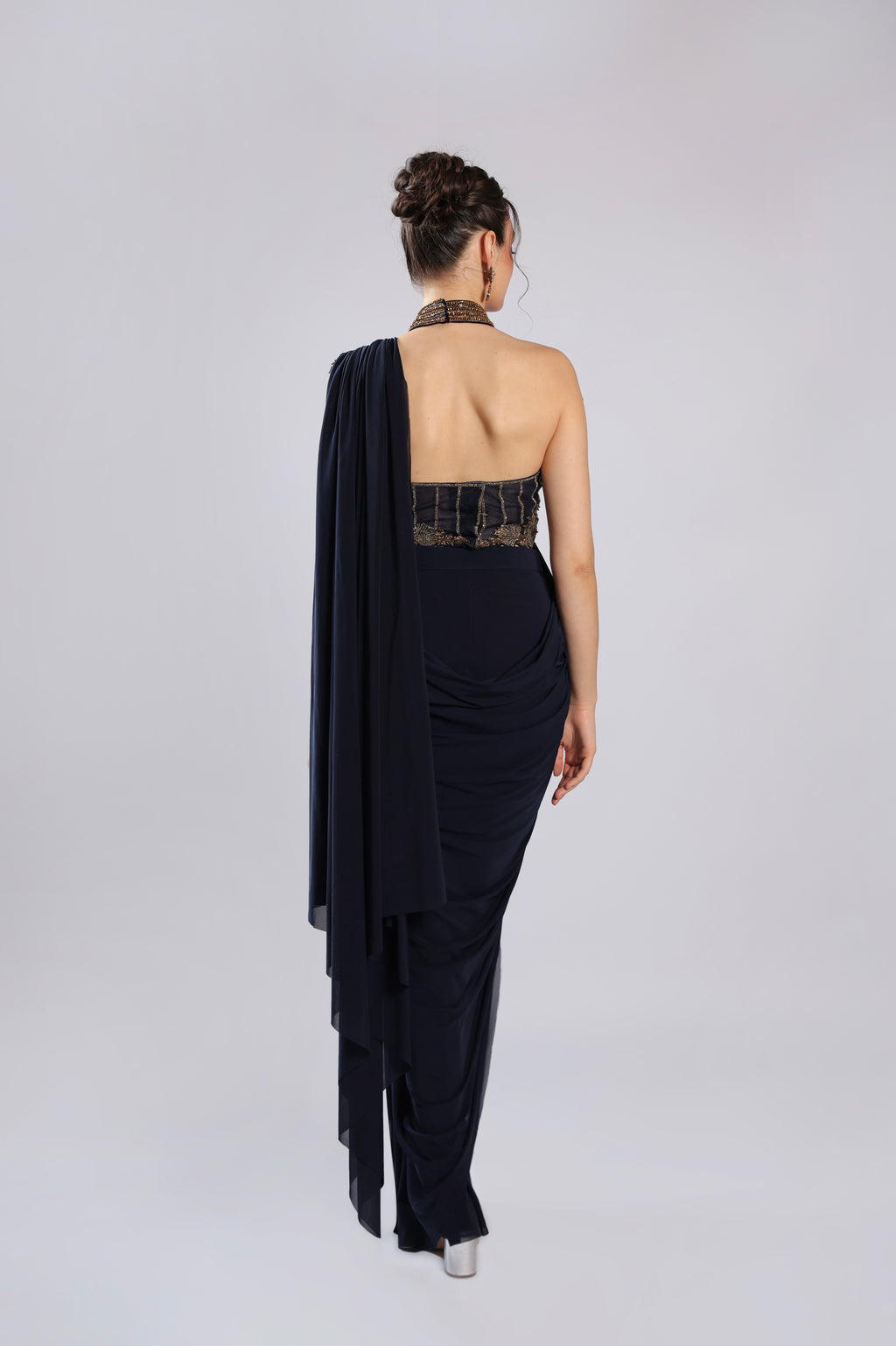 Navy Blue Lycra Drape Saree