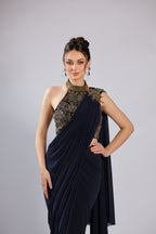 Navy Blue Lycra Drape Saree
