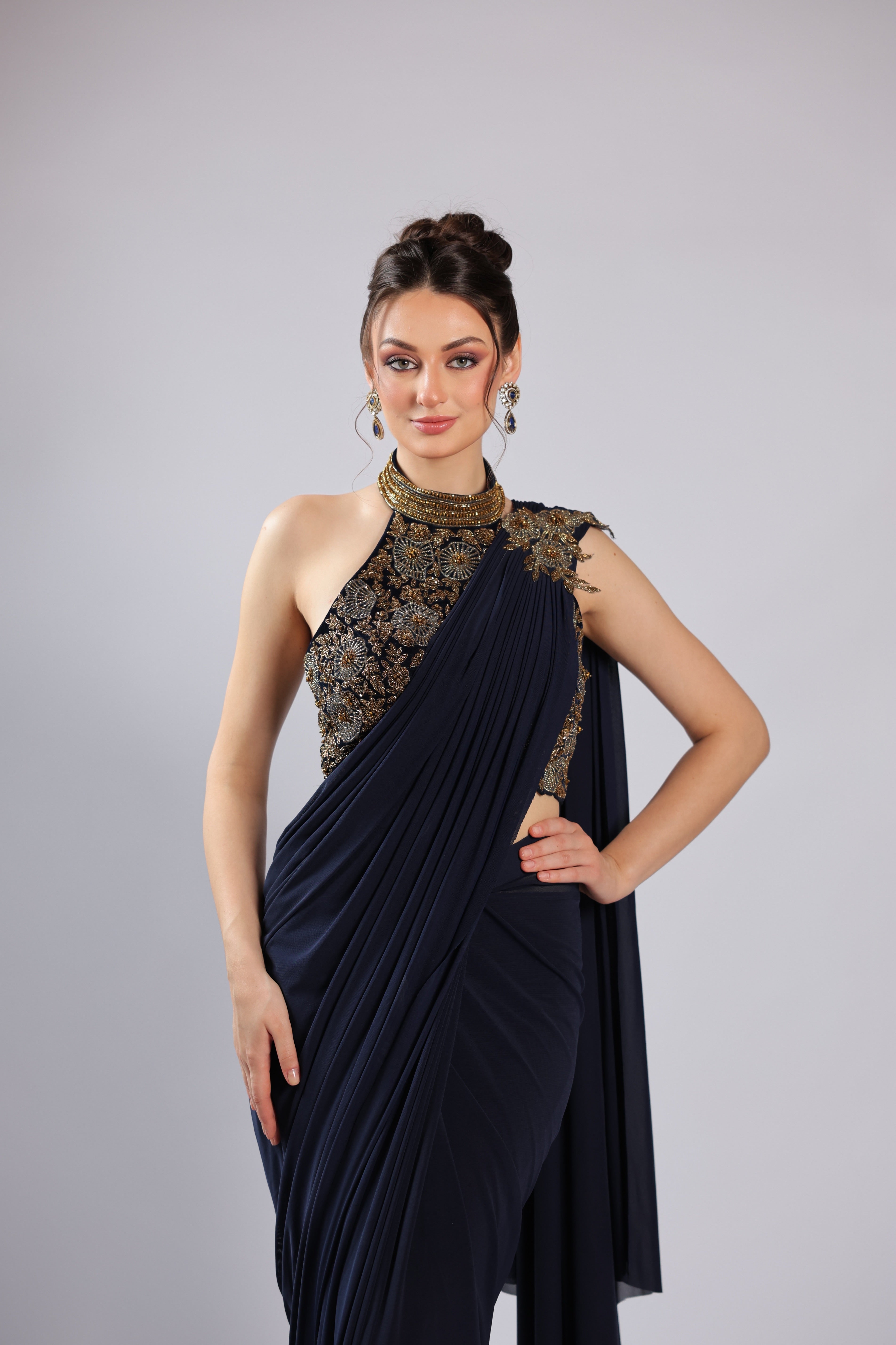 Navy Blue Lycra Drape Saree