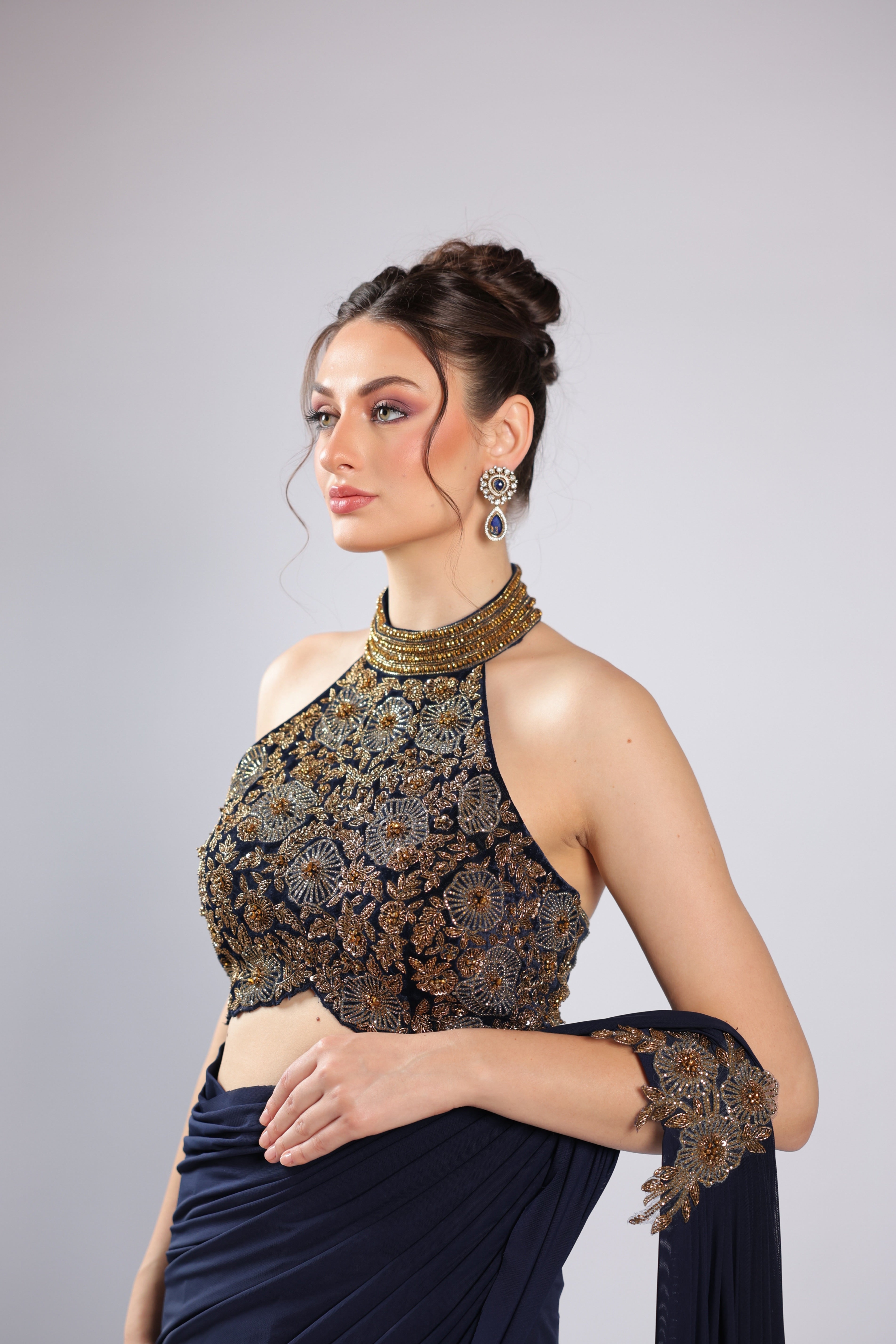 Navy Blue Lycra Drape Saree