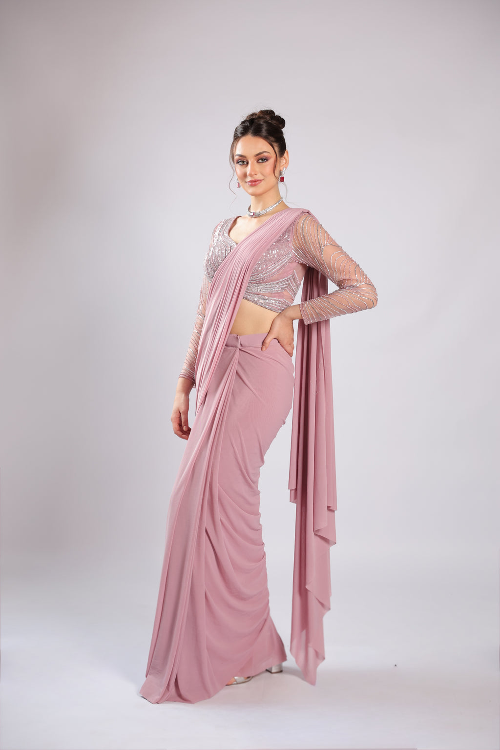 Pink Lycra Drape Saree