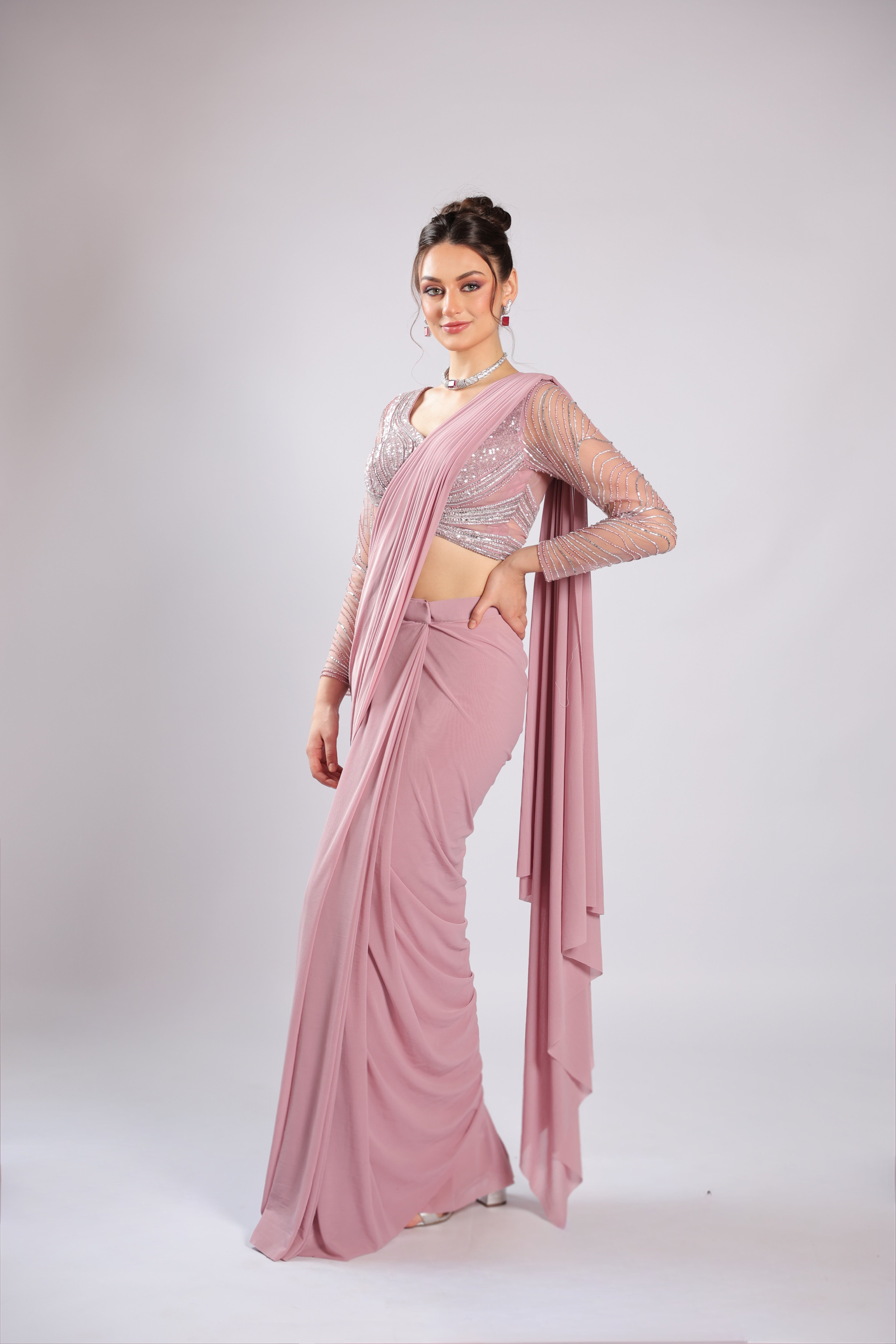 Pink Lycra Drape Saree