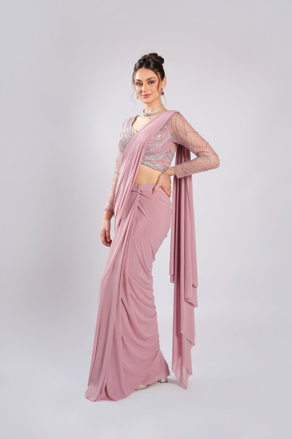Pink Lycra Drape Saree