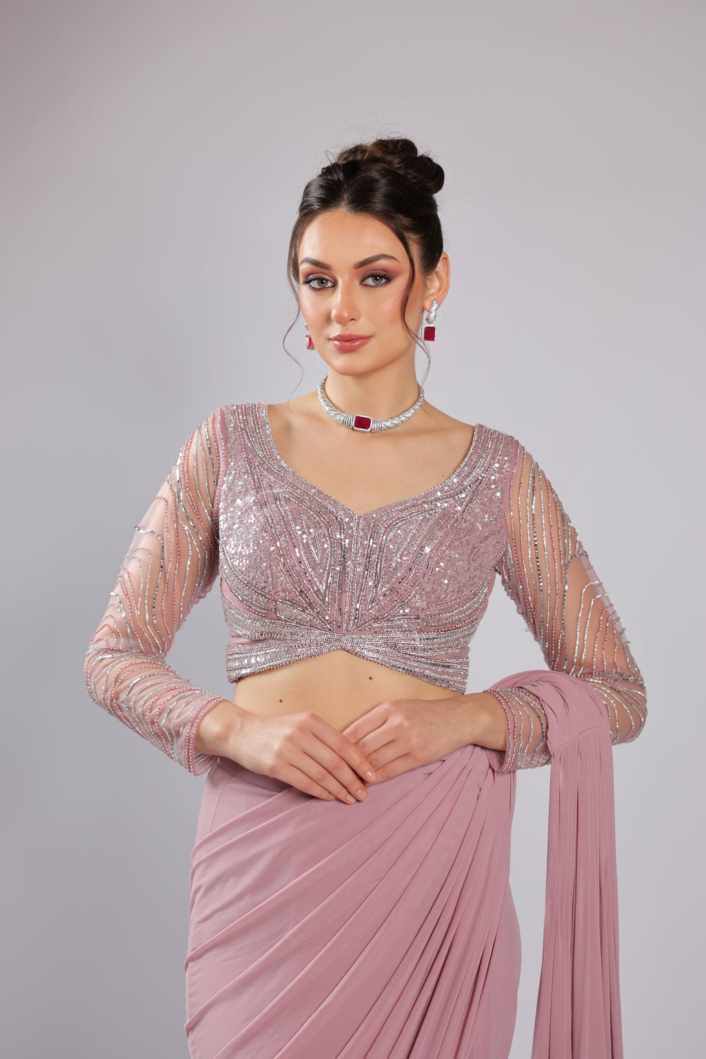 Pink Lycra Drape Saree