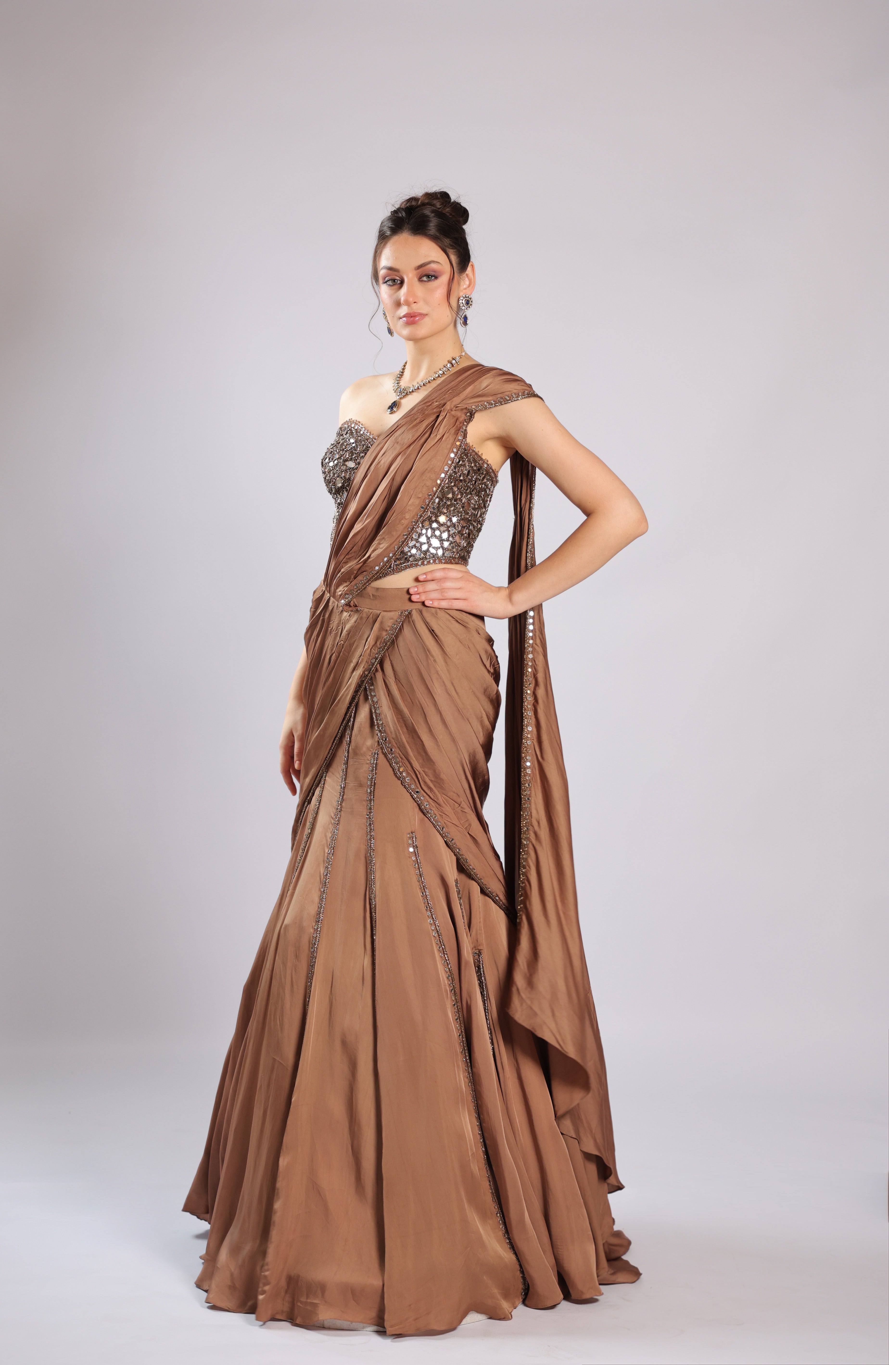 Brown Satin Drape Saree
