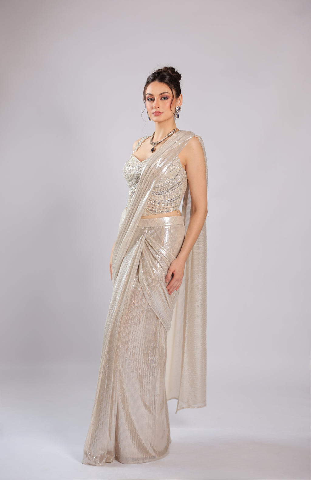 Ivory Lycra Drape Saree