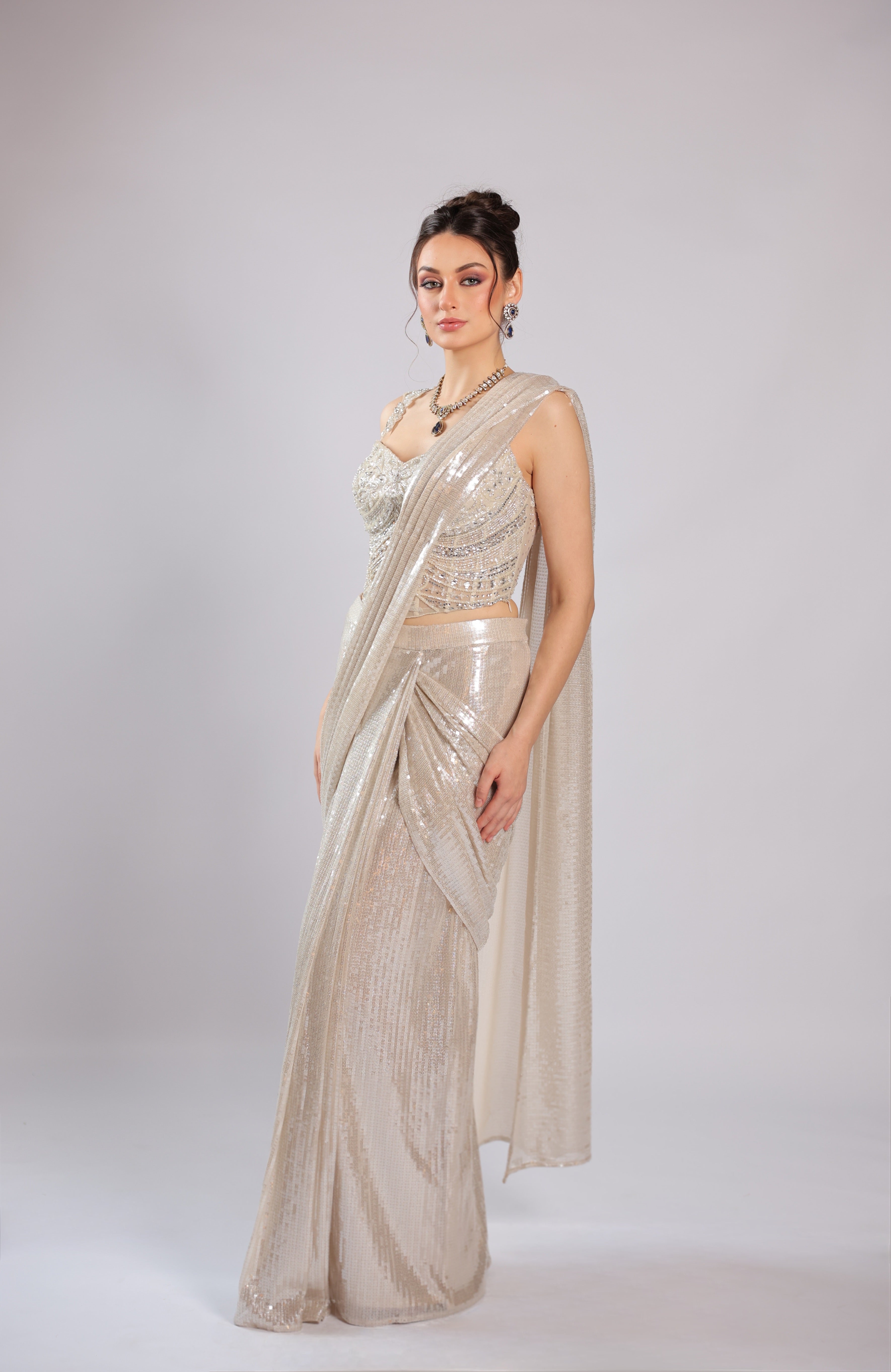 Ivory Lycra Drape Saree