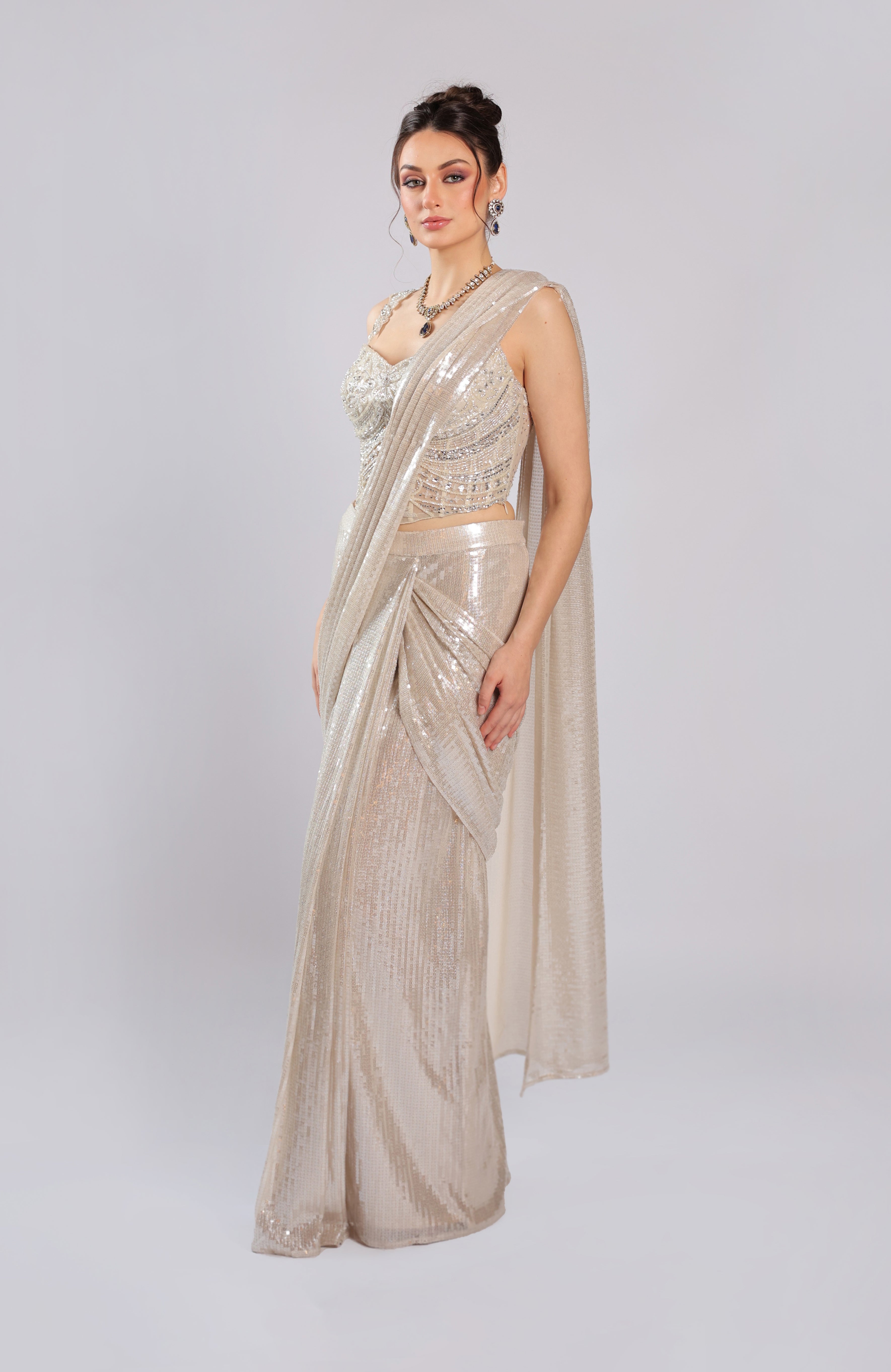 Ivory Lycra Drape Saree