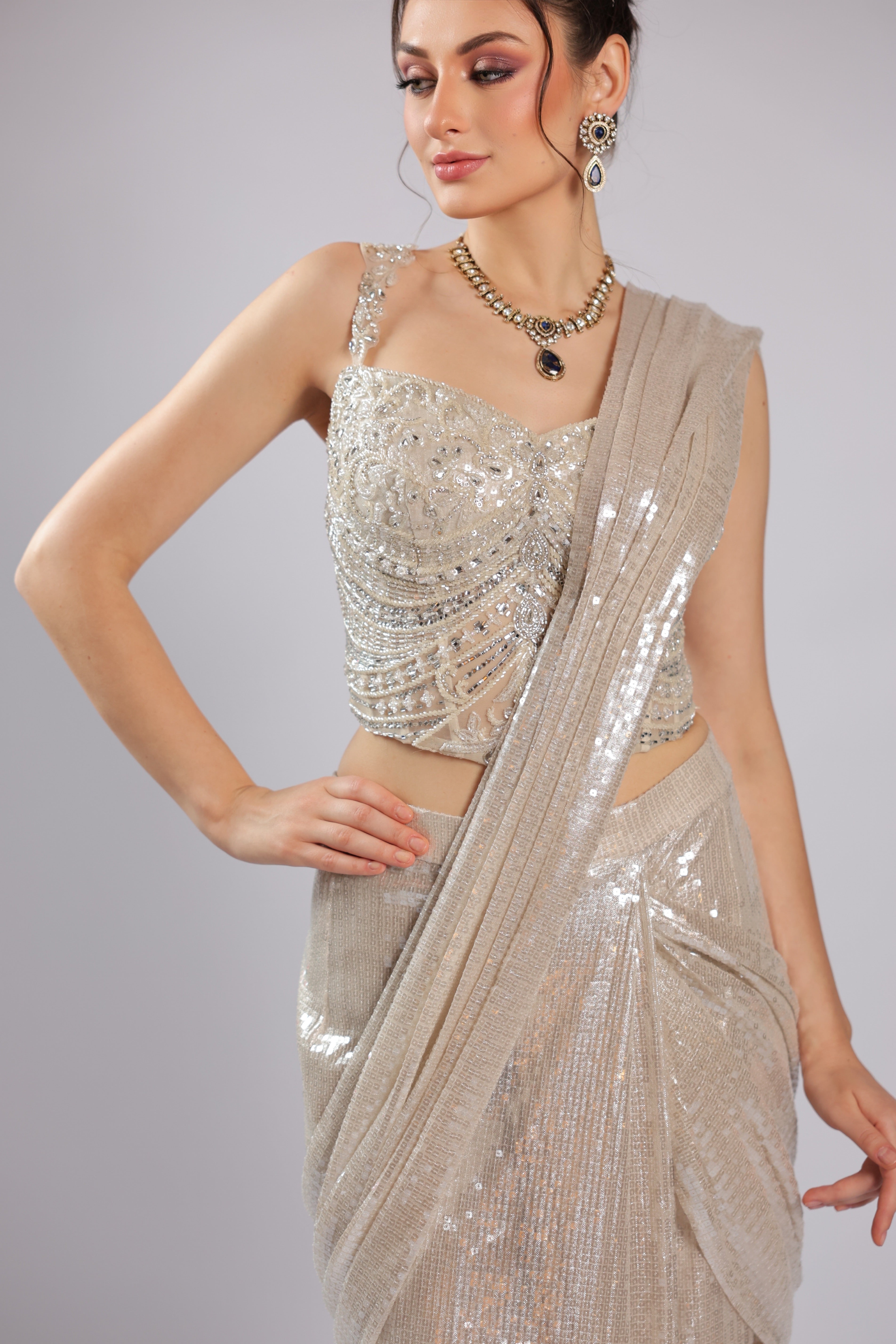 Ivory Lycra Drape Saree
