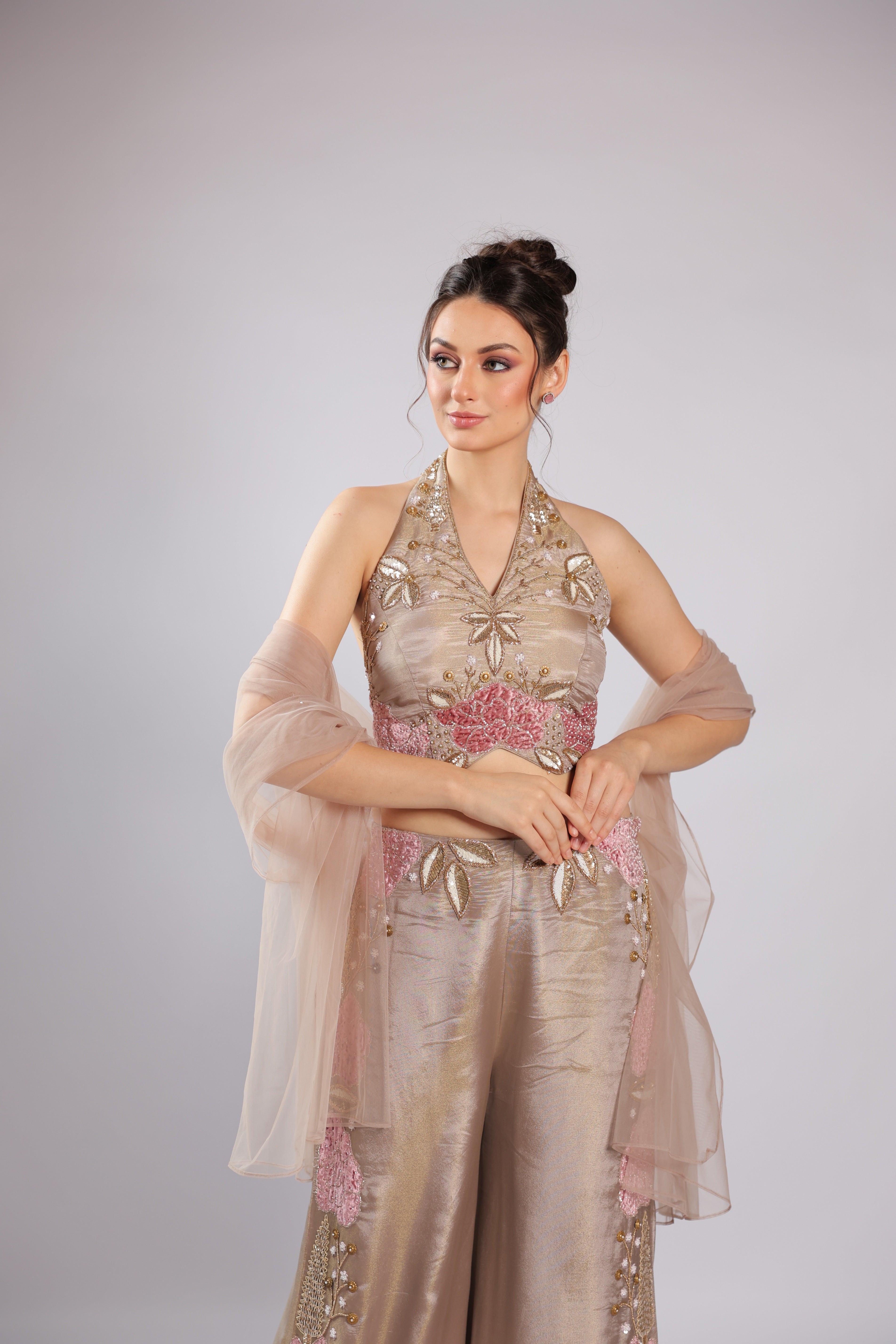 Rose Gold Tissue Silk Rm Plazo Suit