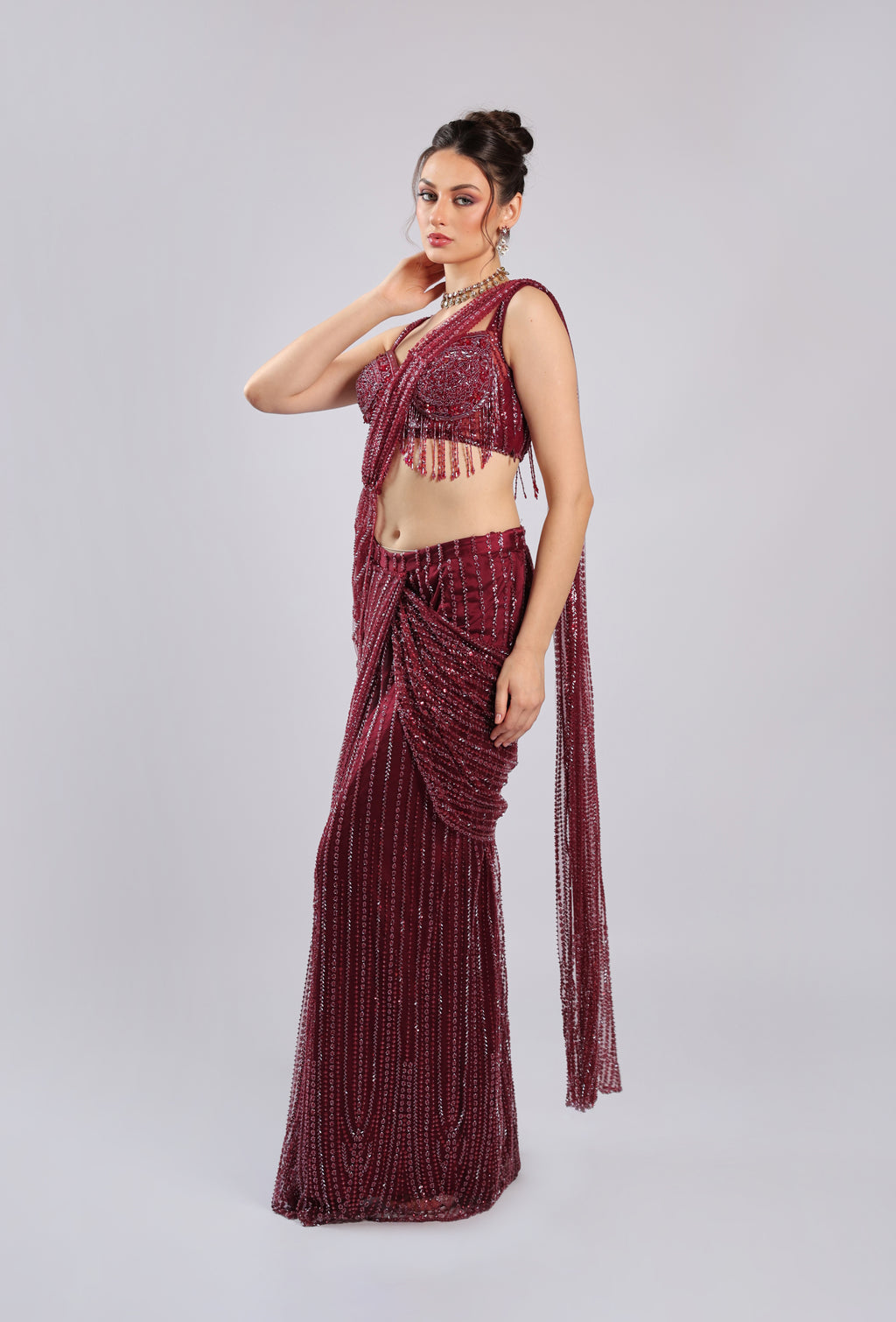 Mahroon Net Drape Saree