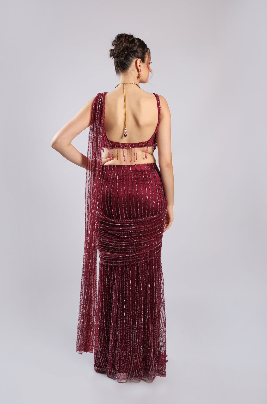 Mahroon Net Drape Saree