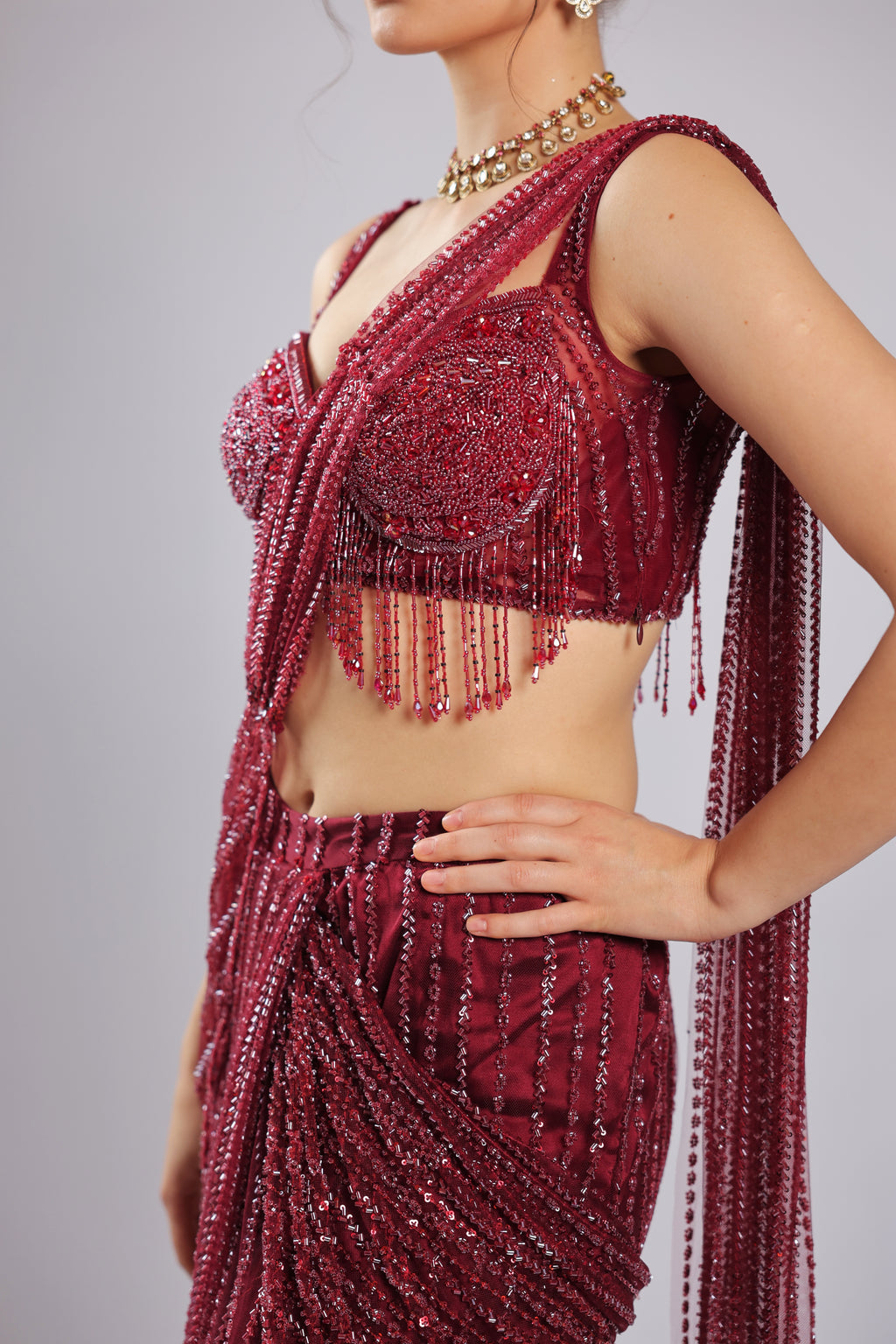 Mahroon Net Drape Saree