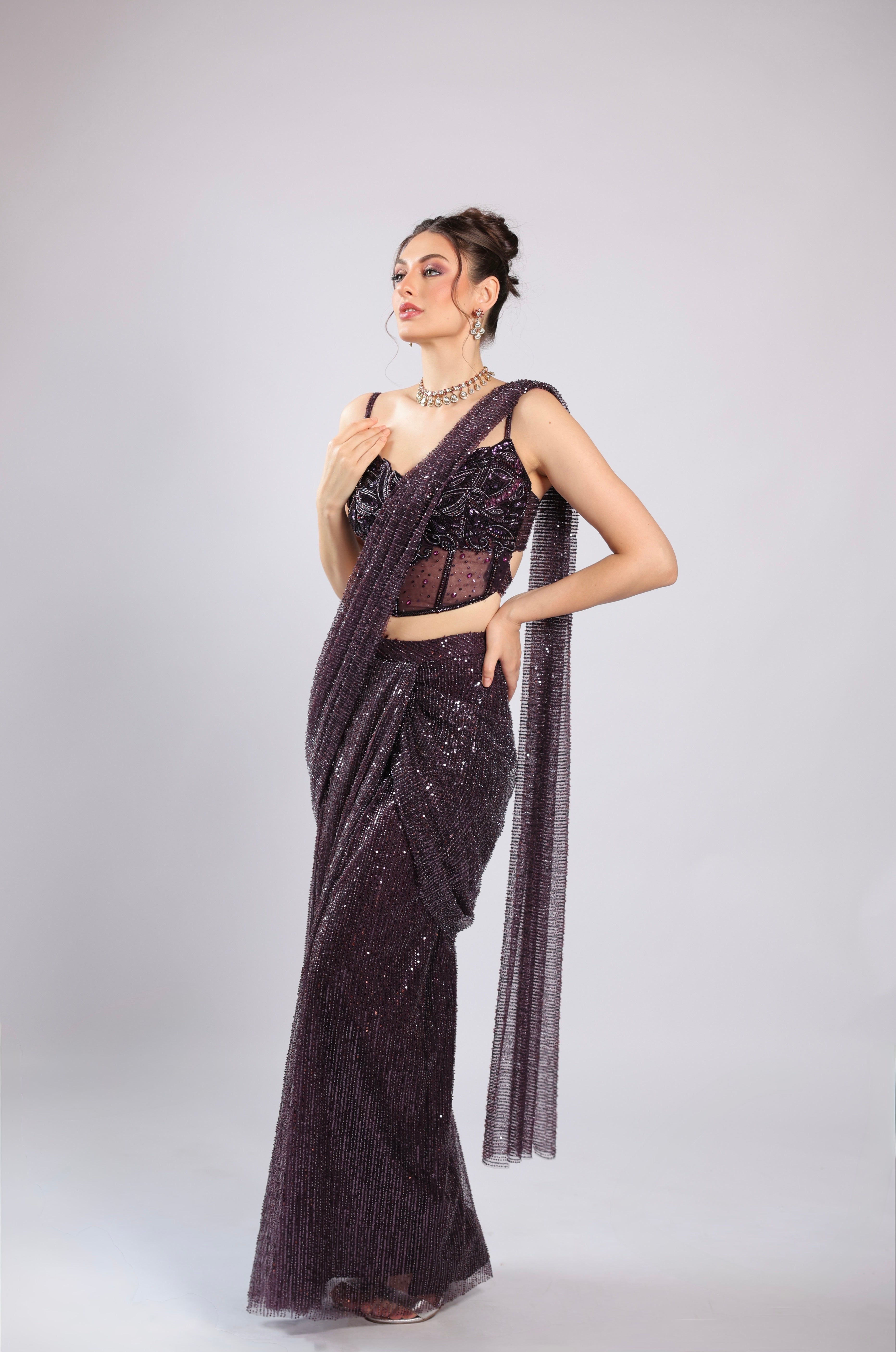 Wine Net Drape Saree