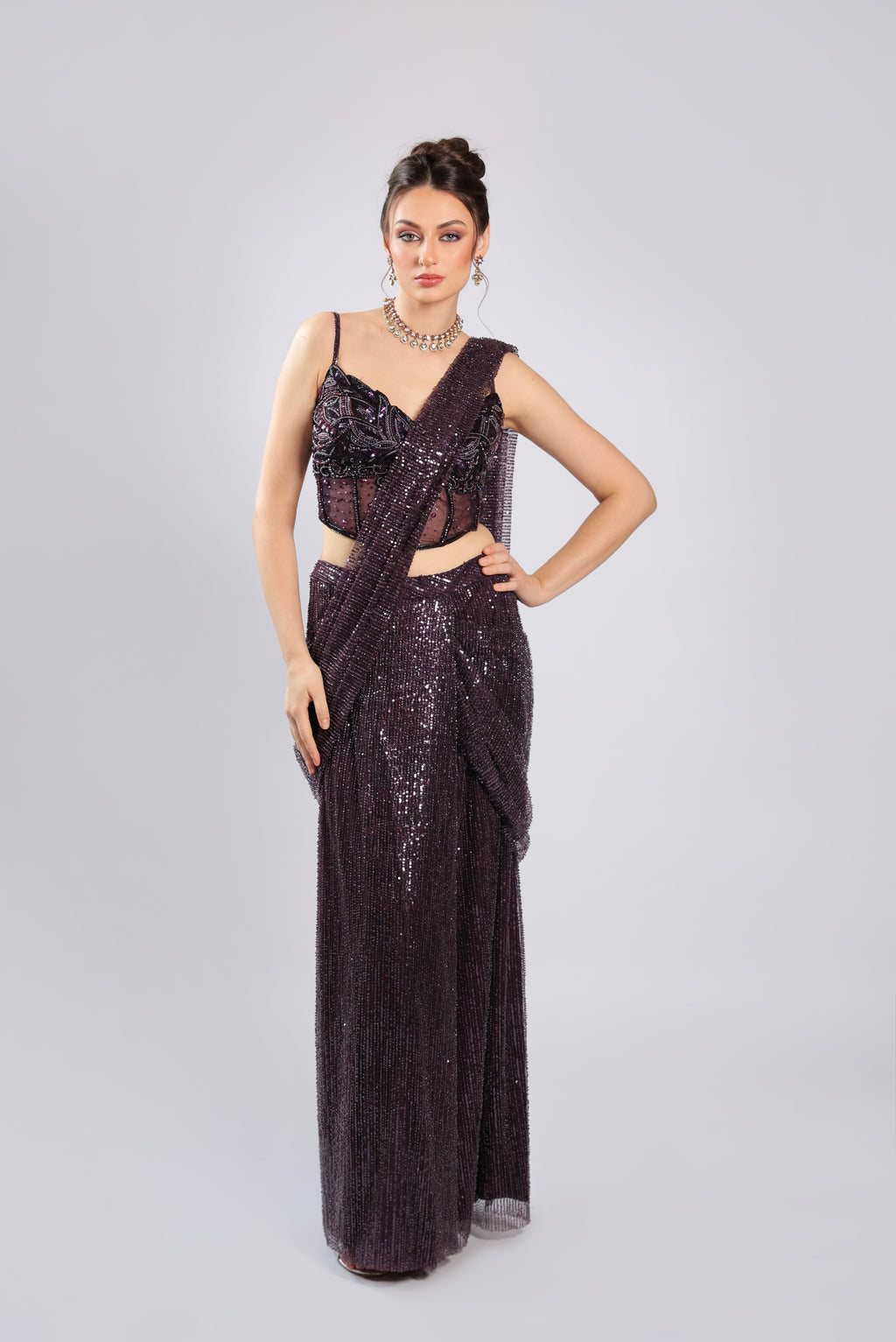 Wine Net Drape Saree