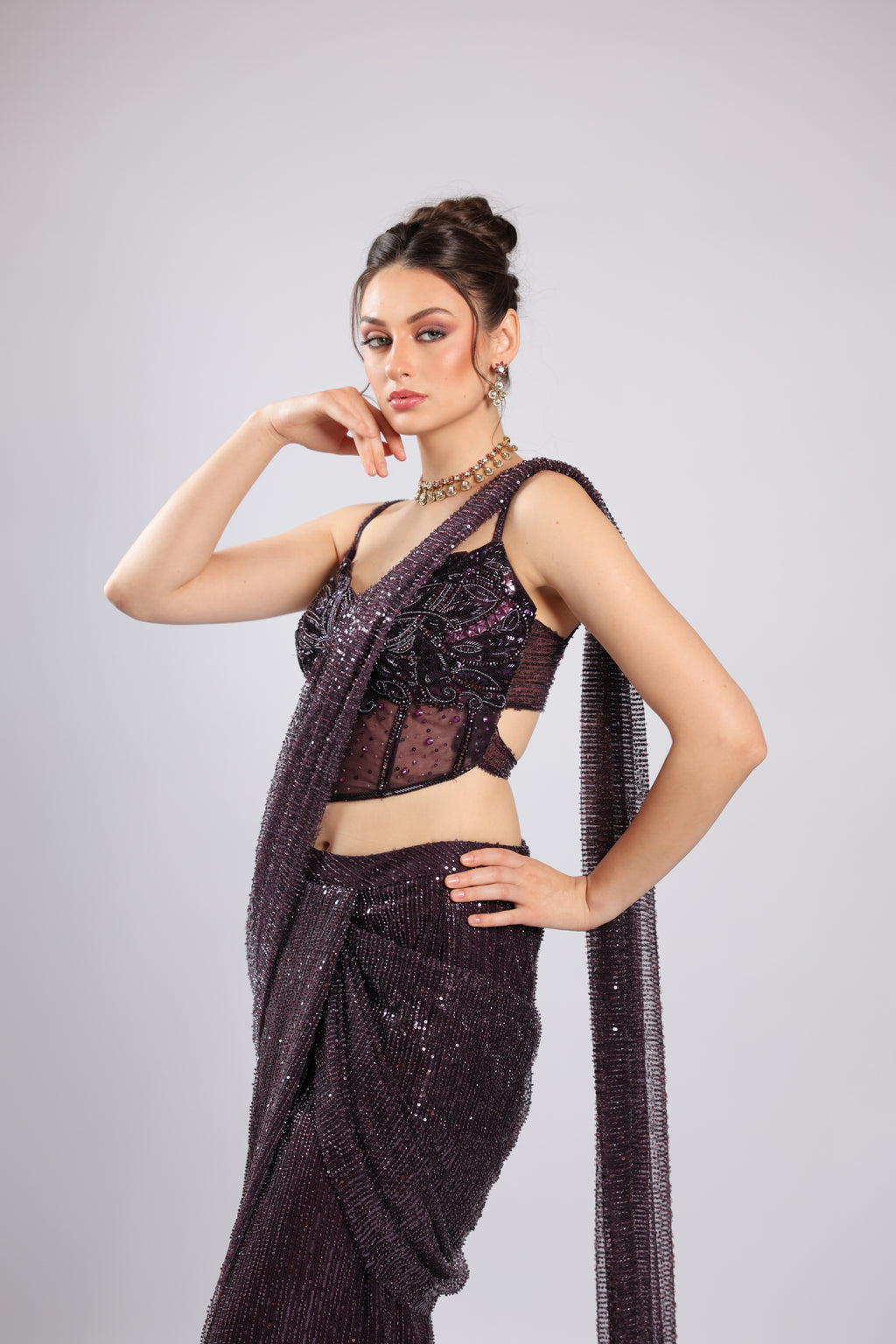 Wine Net Drape Saree