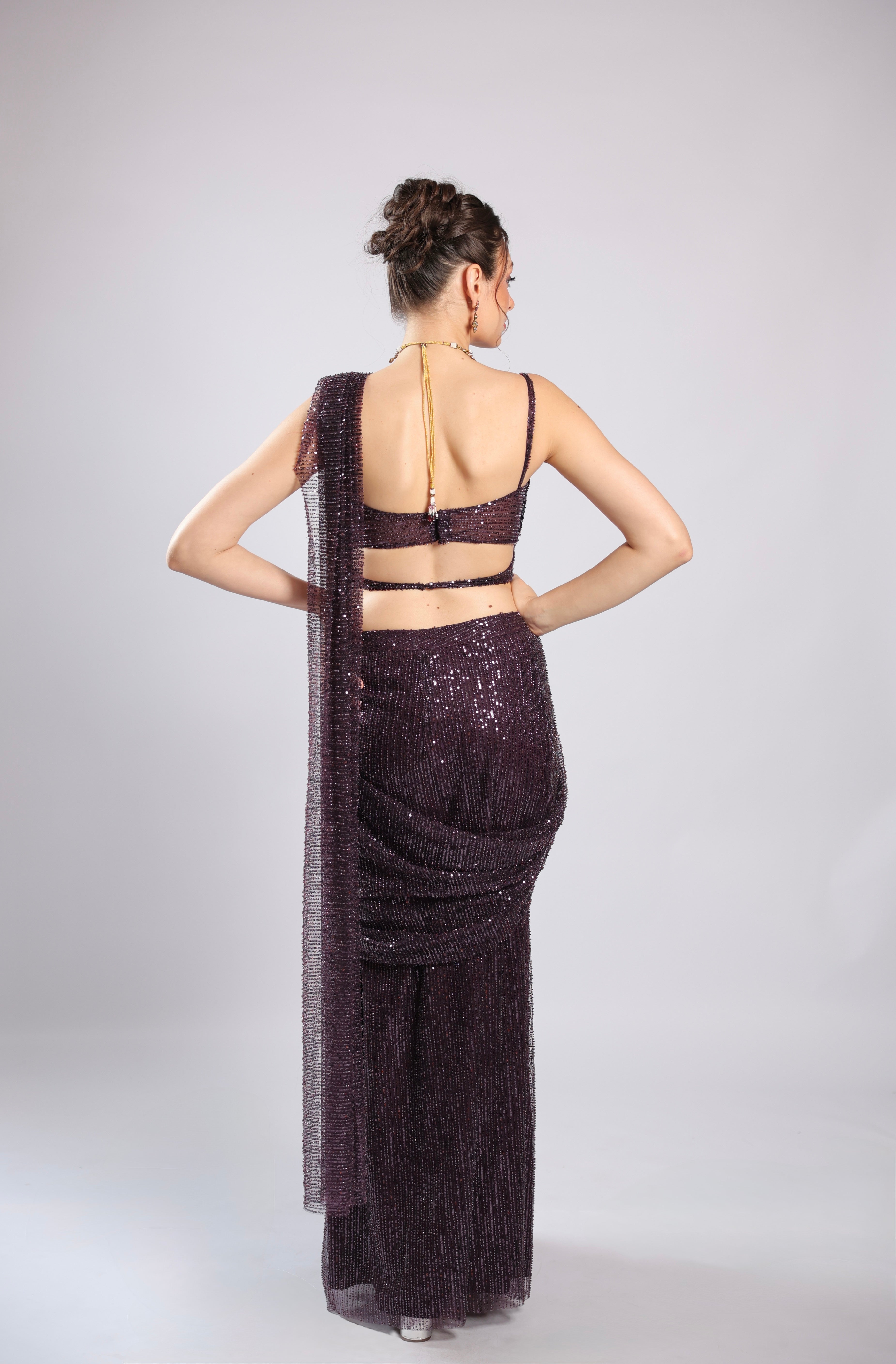 Wine Net Drape Saree