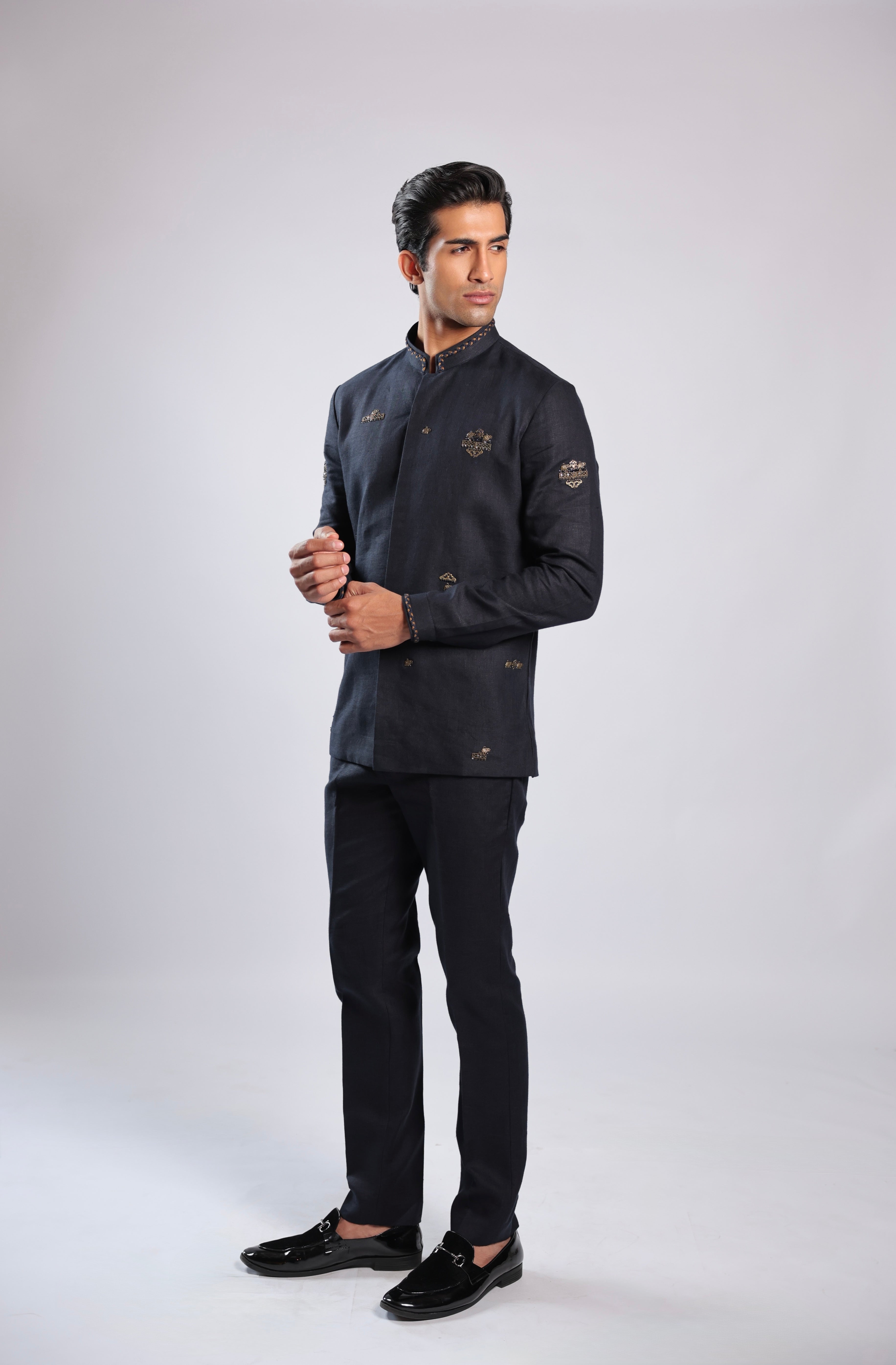 Navy Blue Linen Kurta Set