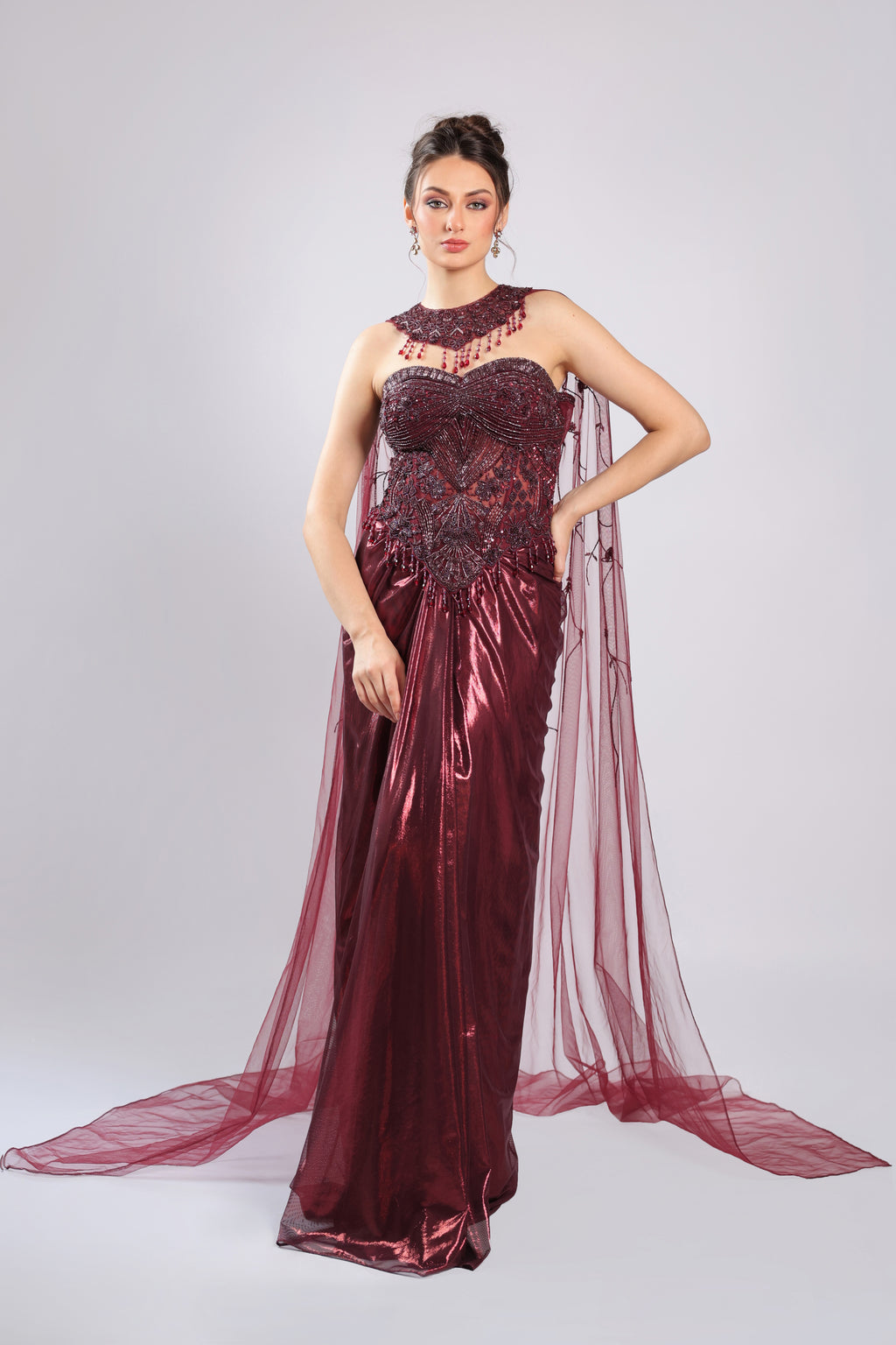 Mahroon Shimmer Organza Gown