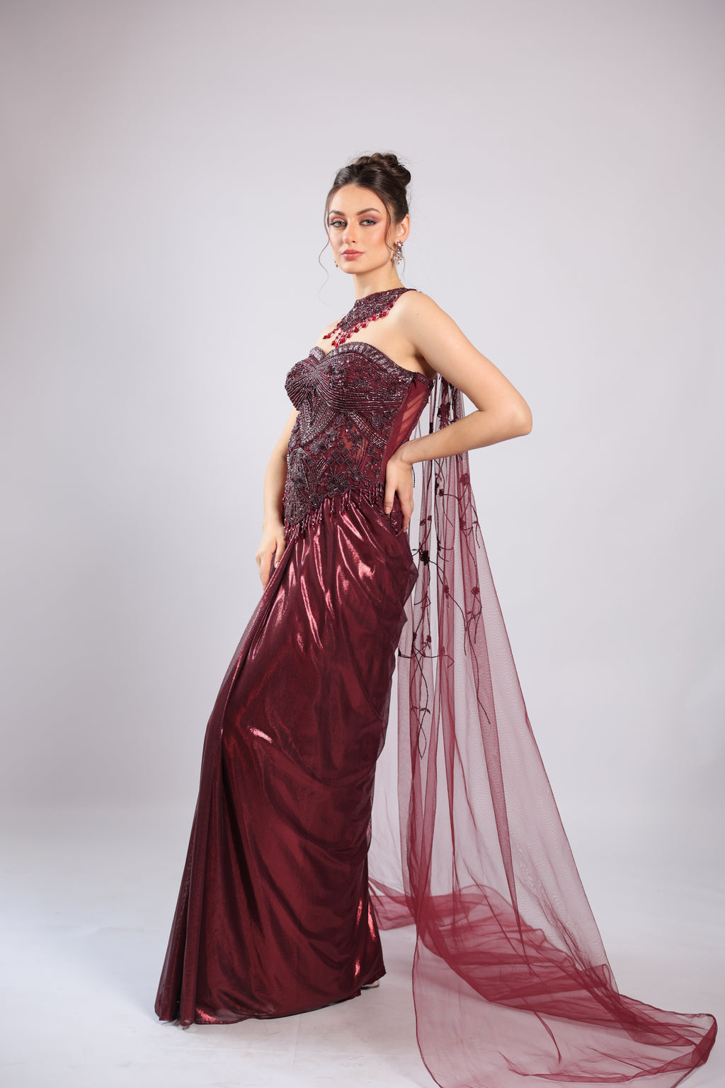 Mahroon Shimmer Organza Gown