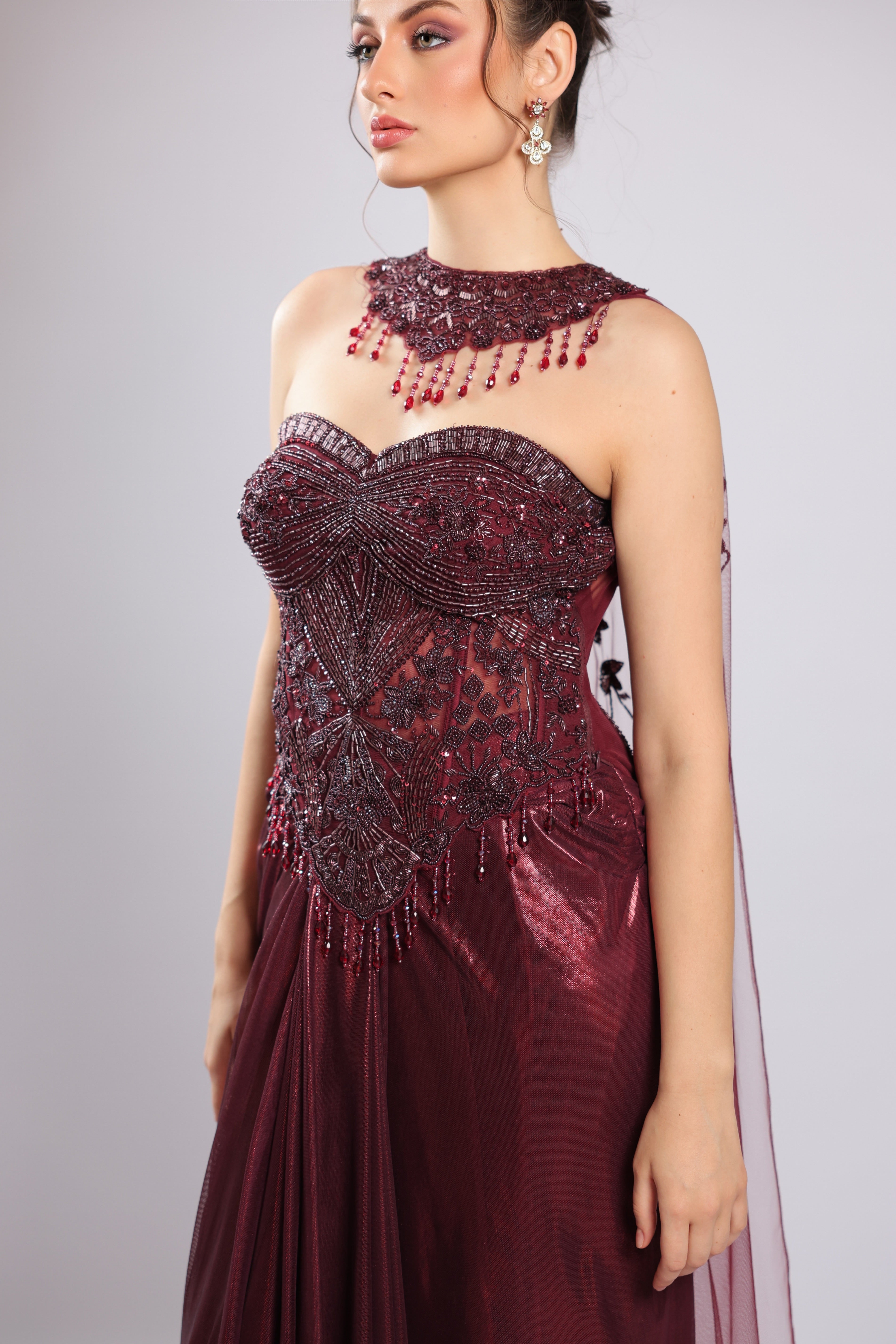 Mahroon Shimmer Organza Gown