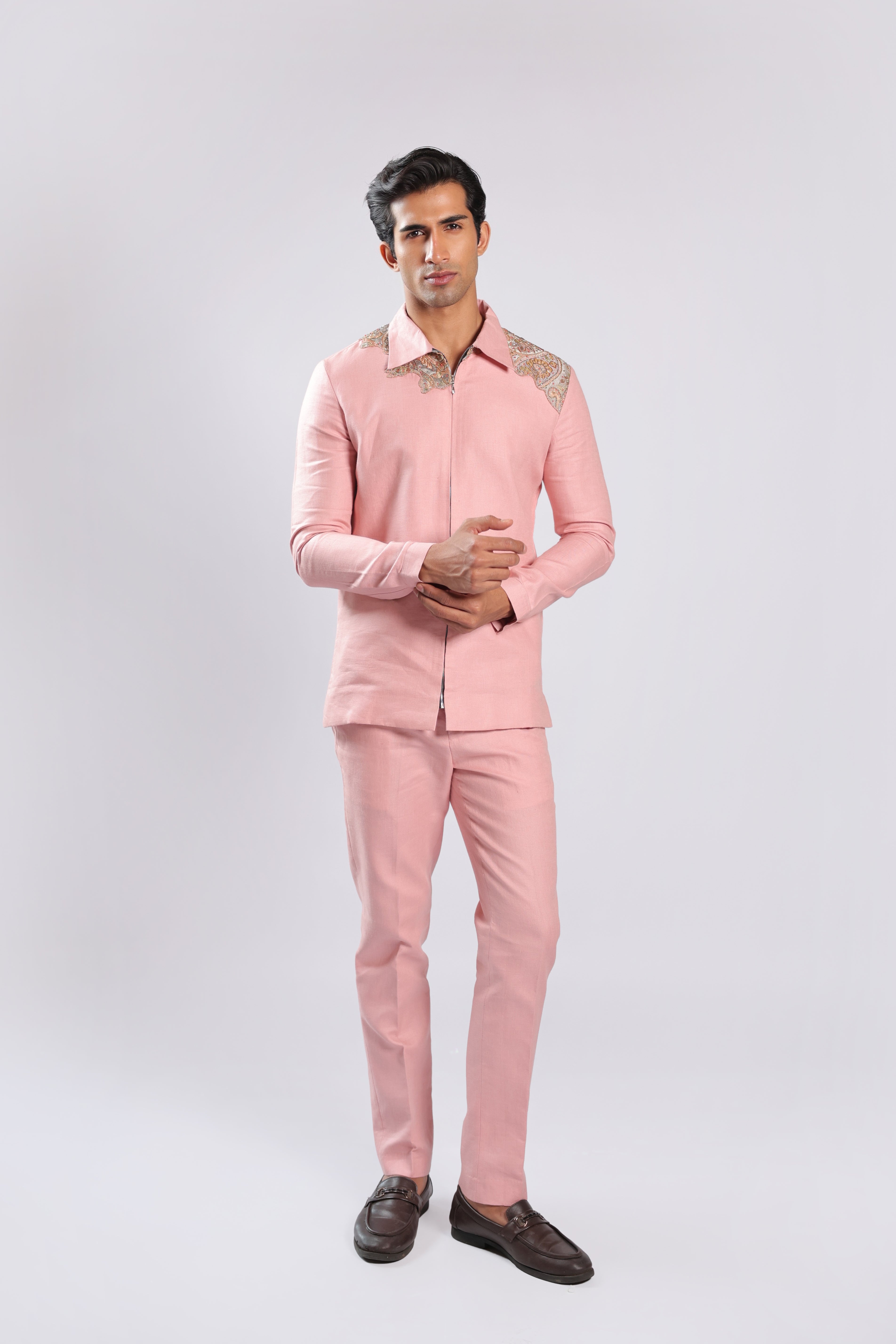 Pink Zari & Bead Embroidered Ethnic Fusion Shirt Pant Set