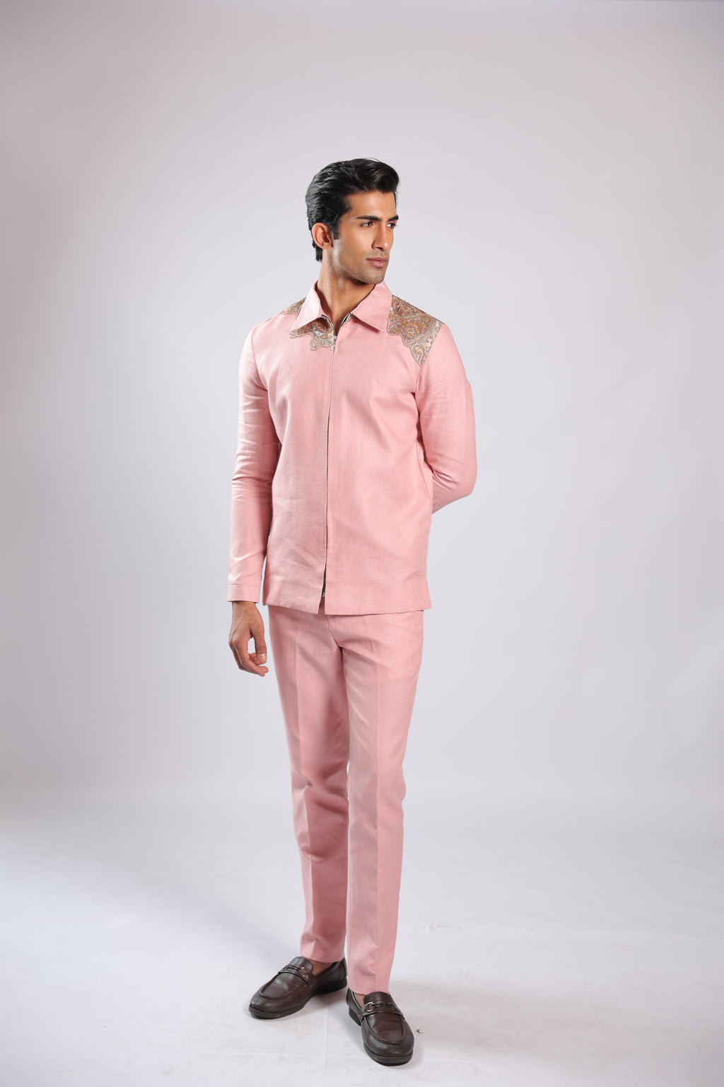 Pink Zari & Bead Embroidered Ethnic Fusion Shirt Pant Set