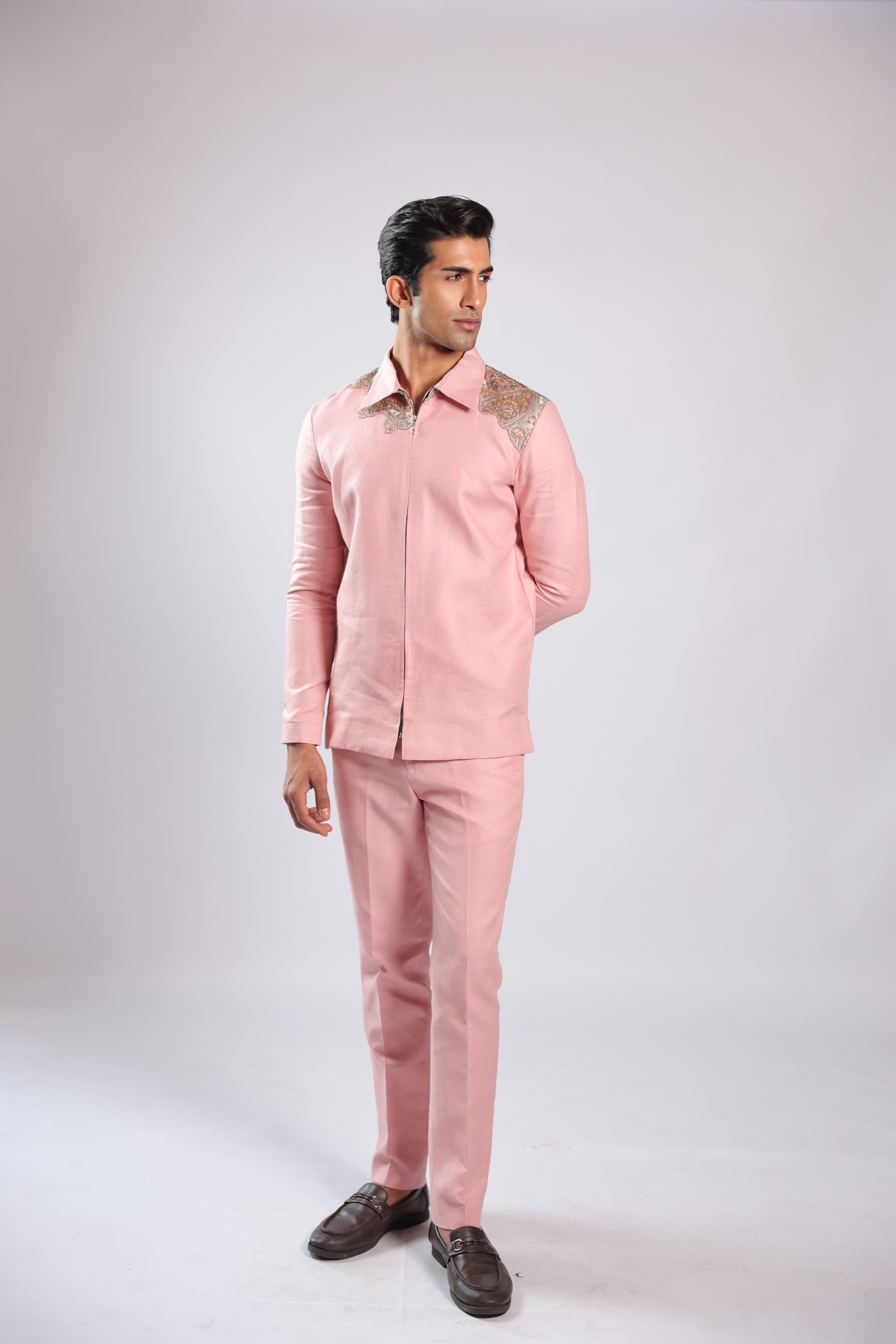 Pink Zari & Bead Embroidered Ethnic Fusion Shirt Pant Set