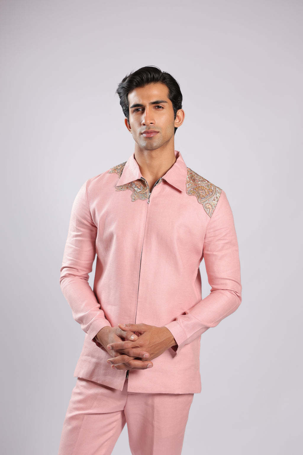Pink Zari & Bead Embroidered Ethnic Fusion Shirt Pant Set