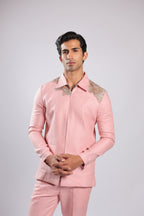 Pink Zari & Bead Embroidered Ethnic Fusion Shirt Pant Set