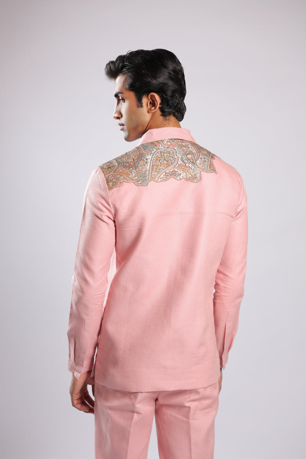 Pink Zari & Bead Embroidered Ethnic Fusion Shirt Pant Set