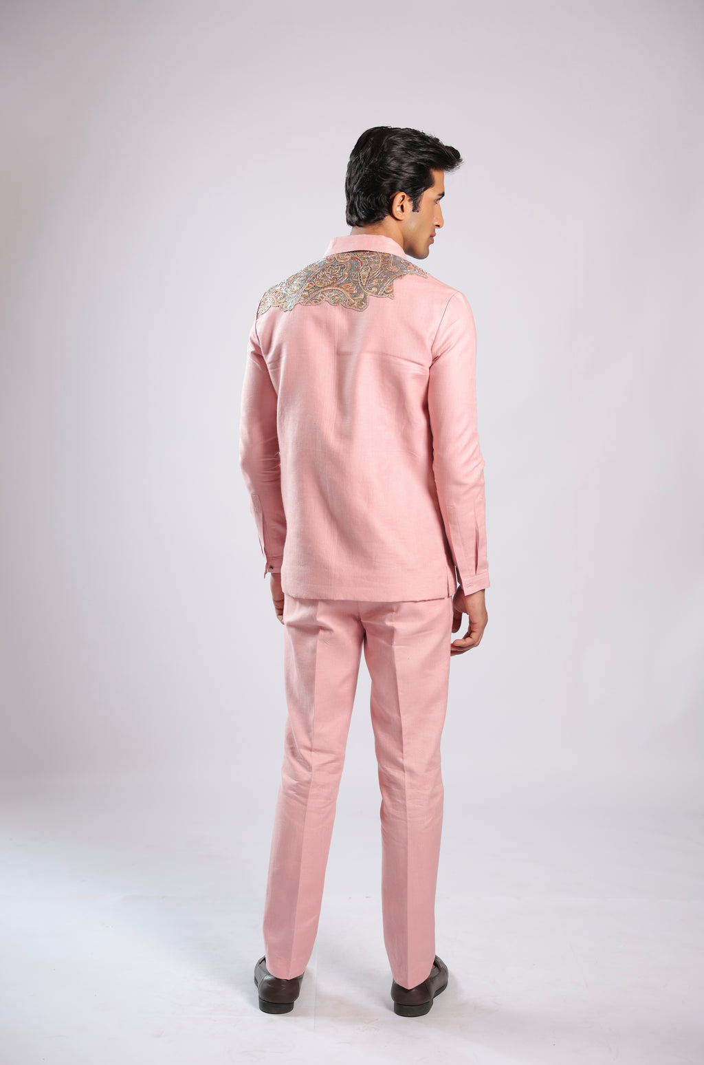 Pink Zari & Bead Embroidered Ethnic Fusion Shirt Pant Set