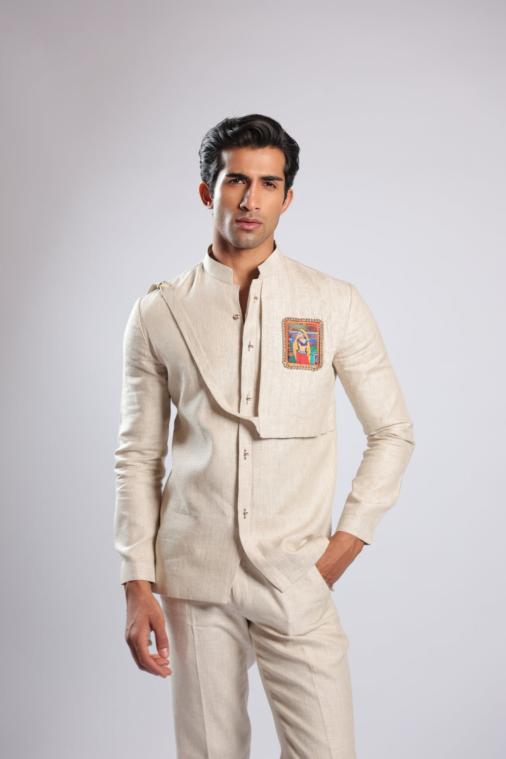 Ivory Multicolour Embroidered Patchwork Band Gala Set